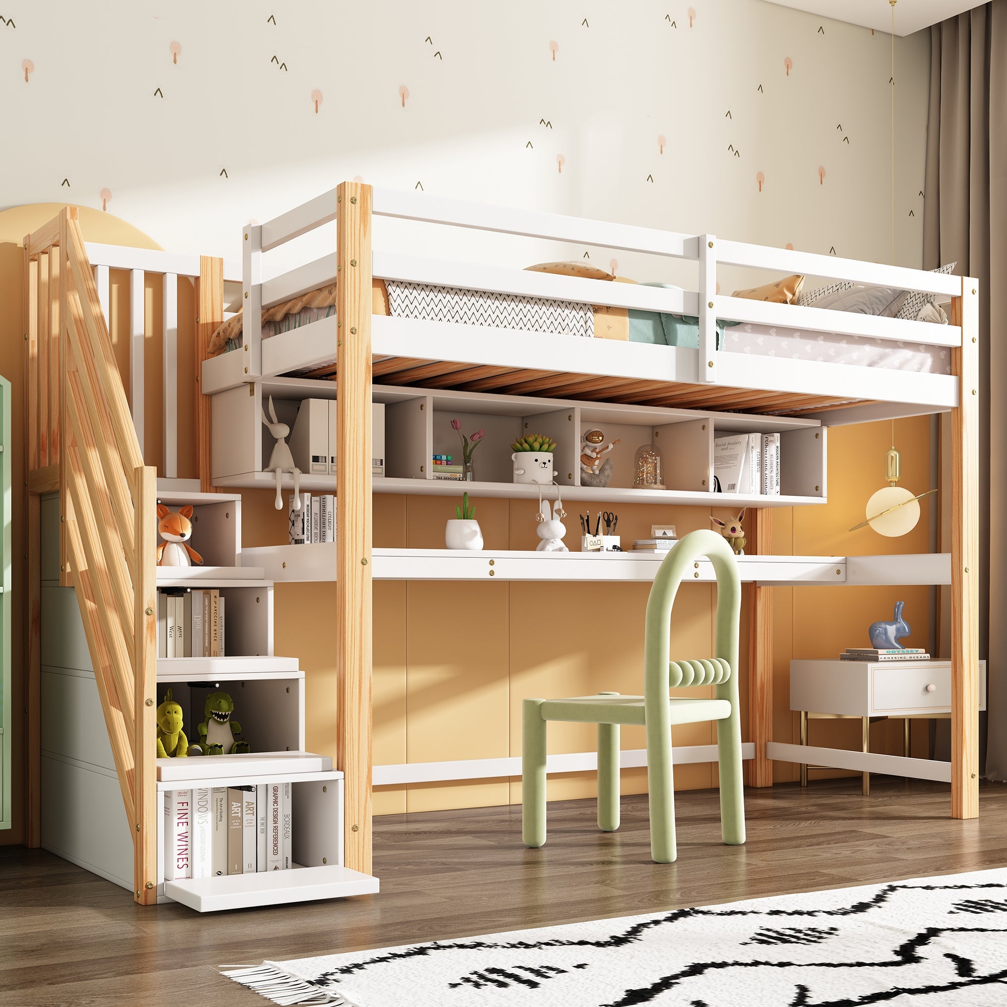 Children's Loft Bed with Large Desk and Shelves, Natural and White