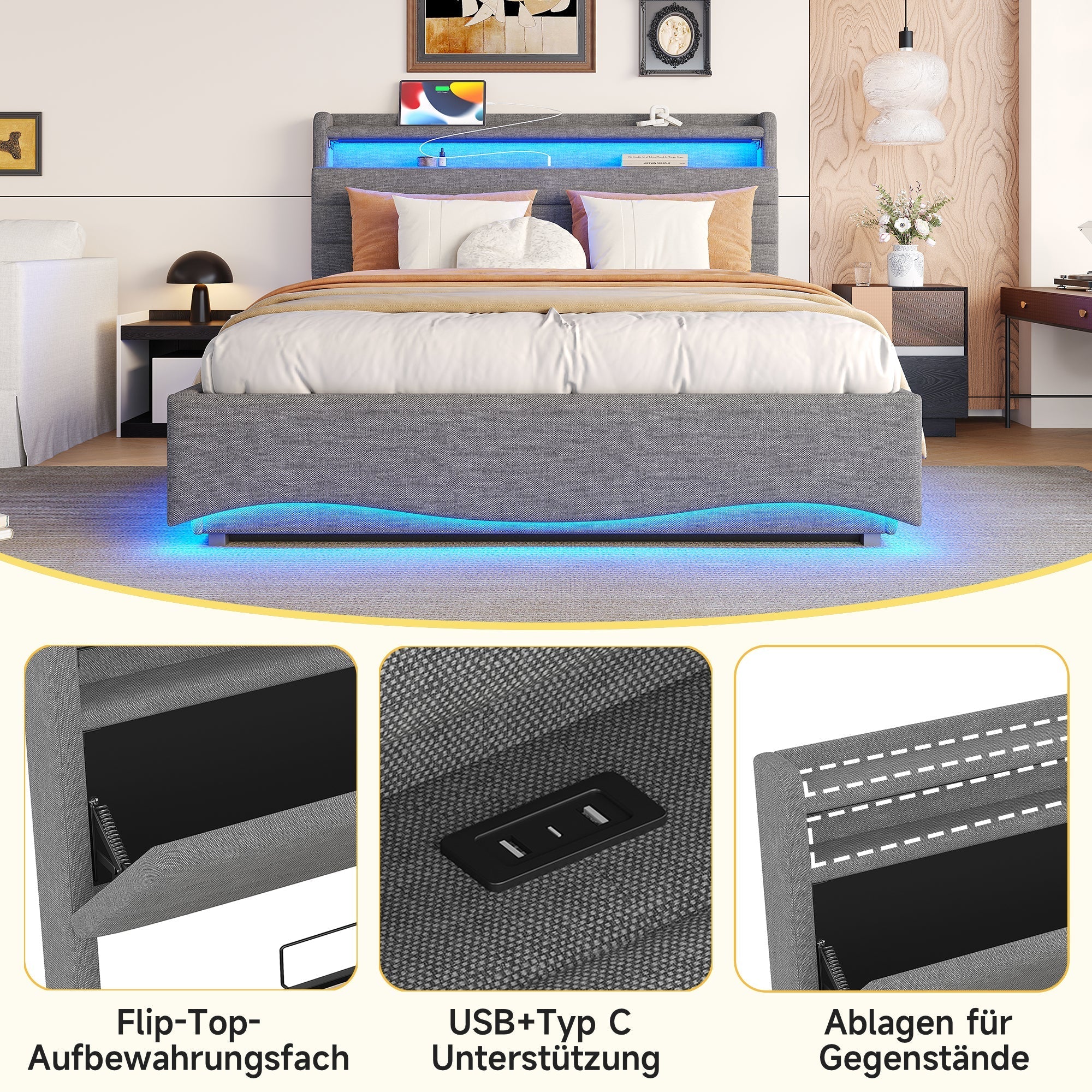 Upholstered Bed with LED Lighting, Hydraulic Storage and USB Ports, Grey Linen Fabric