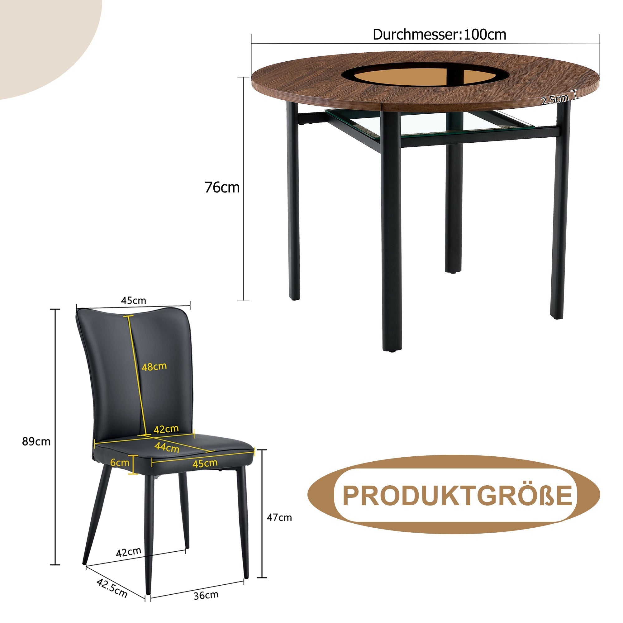 Dining Table Set Round 100cm 4 Chairs - Wood Look/Black PU