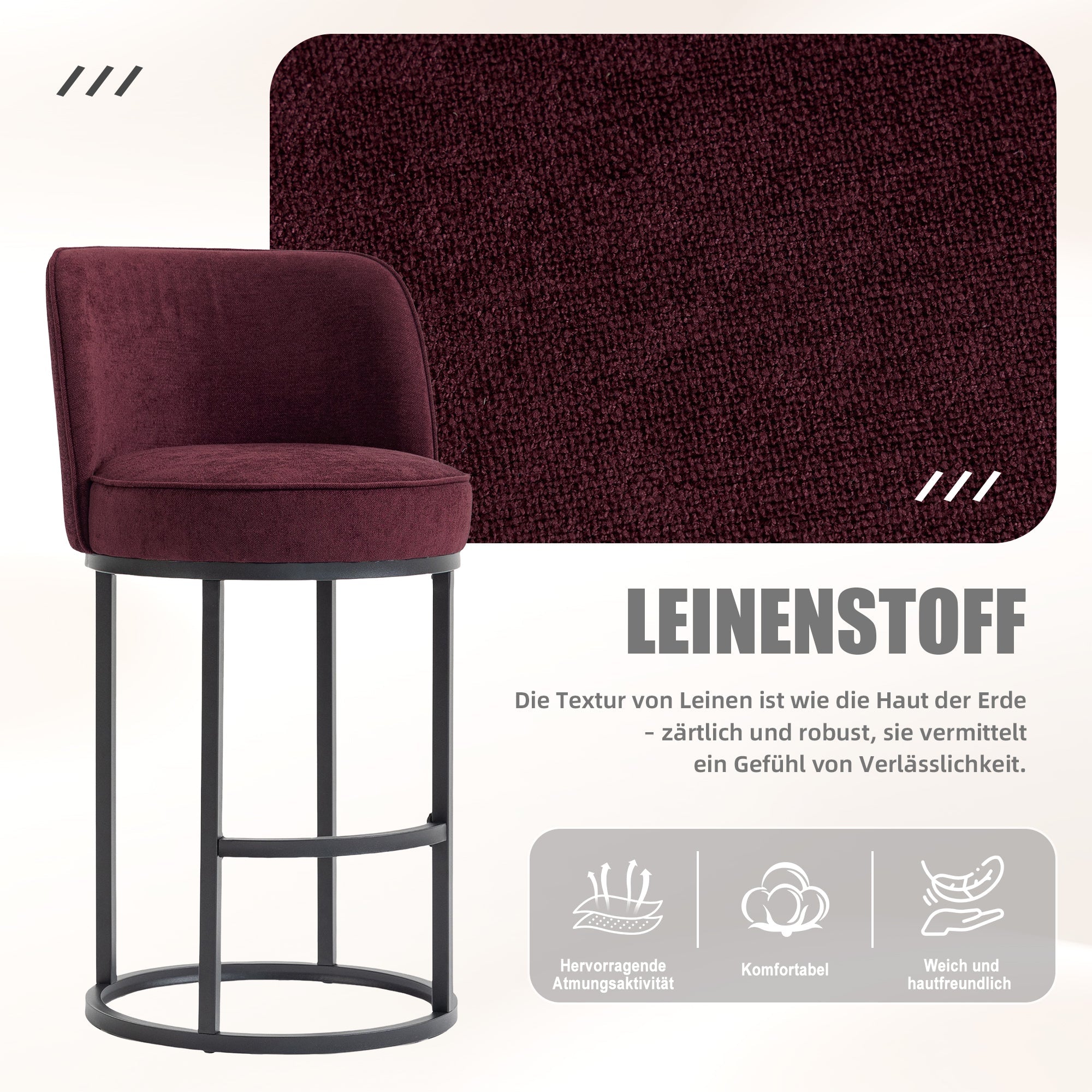 Bar Stools Duo Set with Ergonomic Backrest and Metal Legs, Linen Upholstery