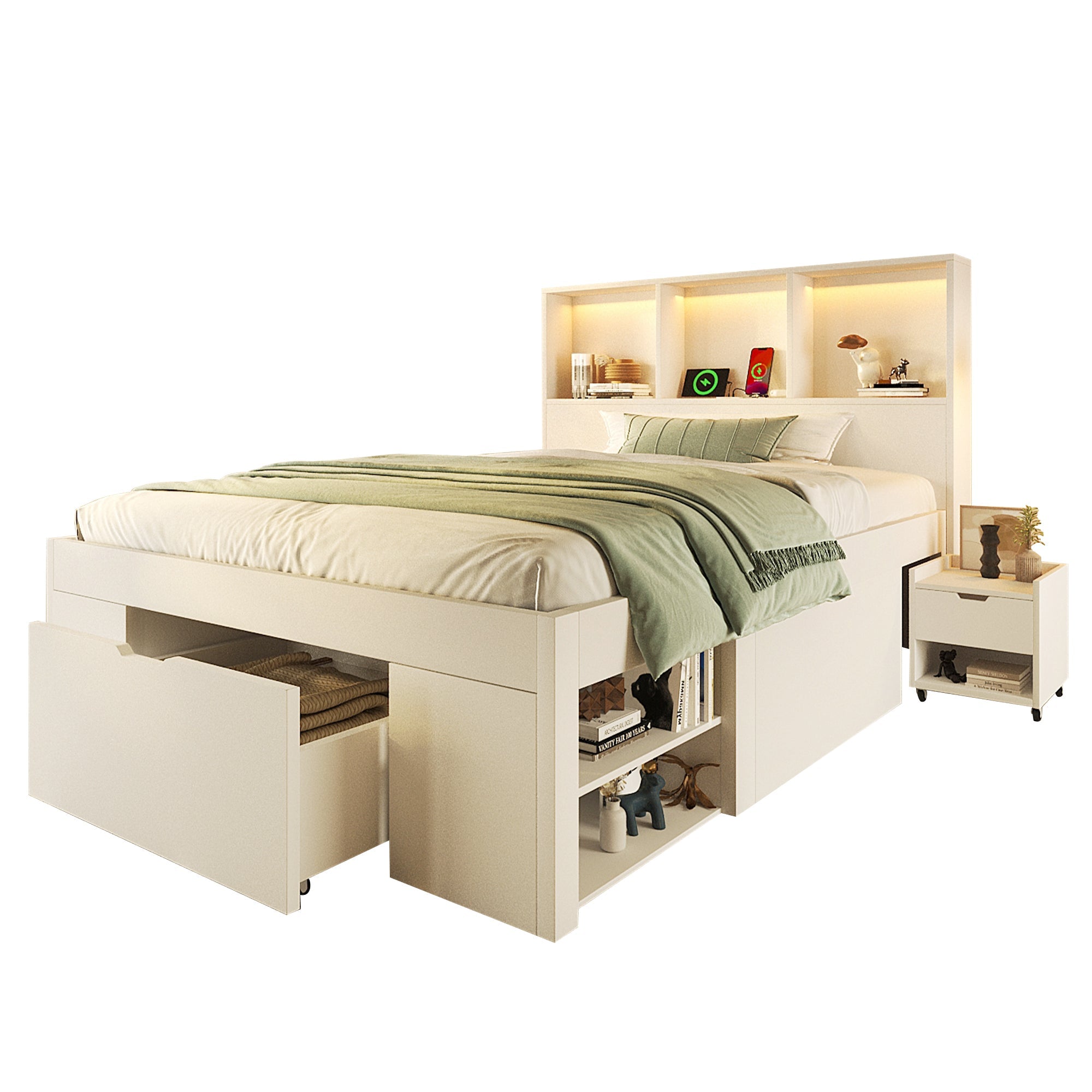 Functional Bed with LED, USB-C Charging, Storage and Movable Bedside Table, 90x200cm, White Wood