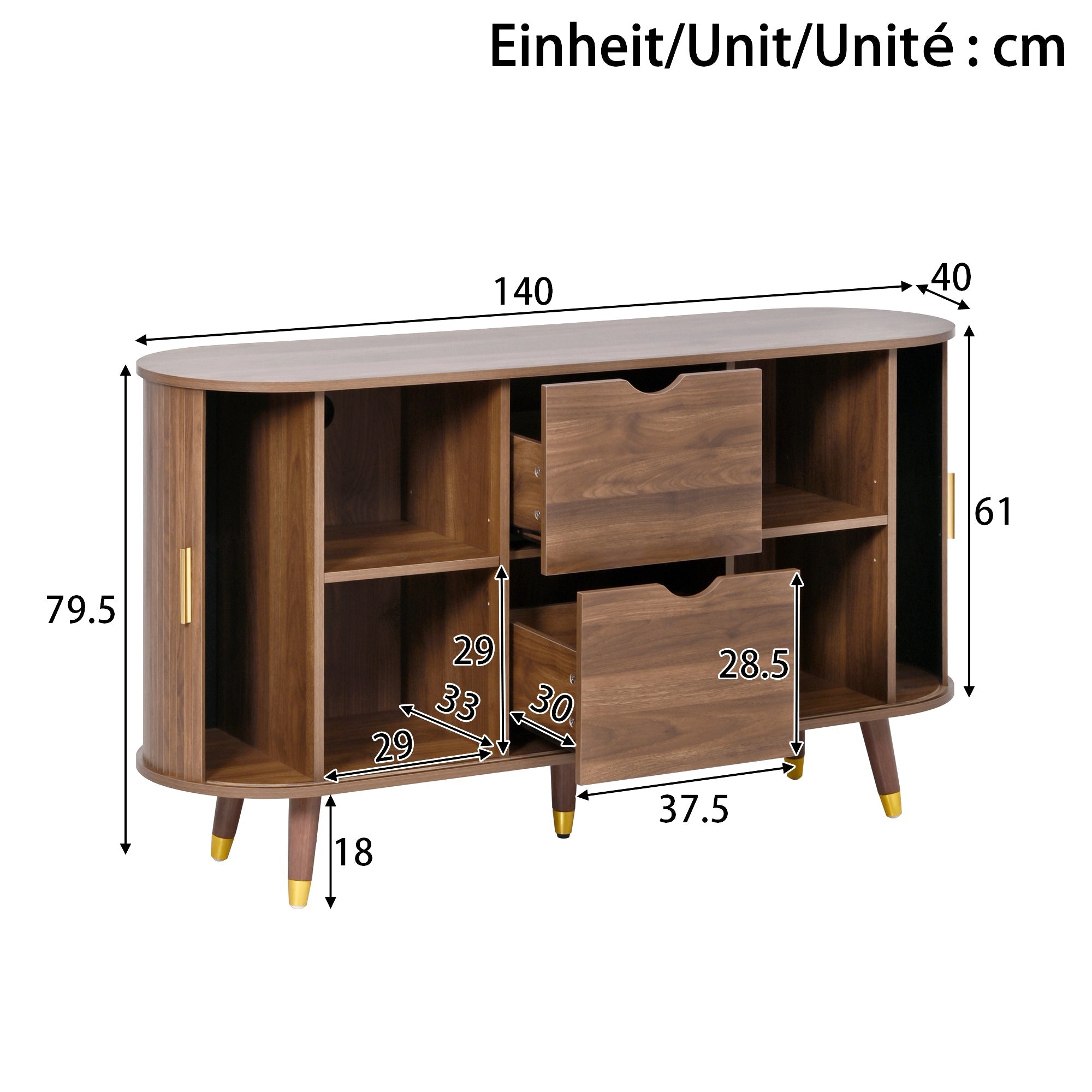 Sideboard with Sliding Doors, Drawers and Rounded Corners, Solid Wood Legs