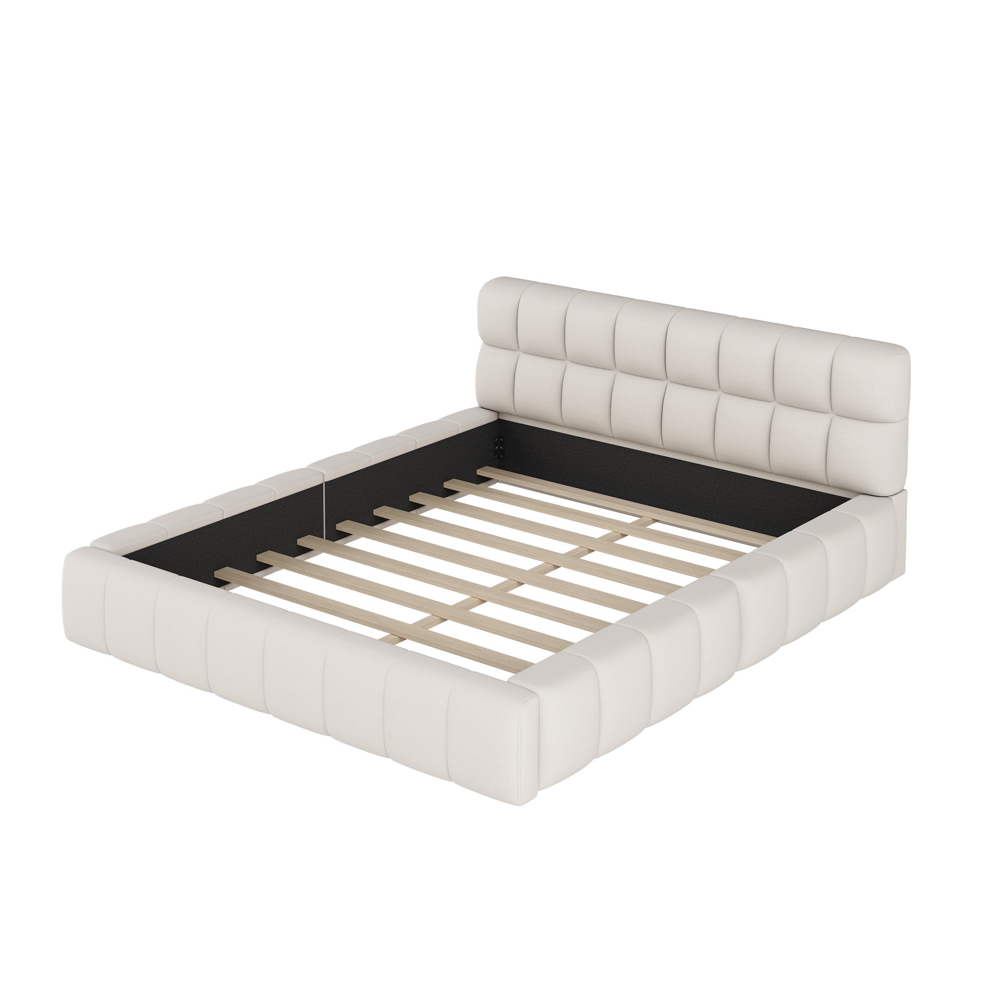 Upholstered Bed, 140x200cm Double with Soft Backrest, Linen Beige