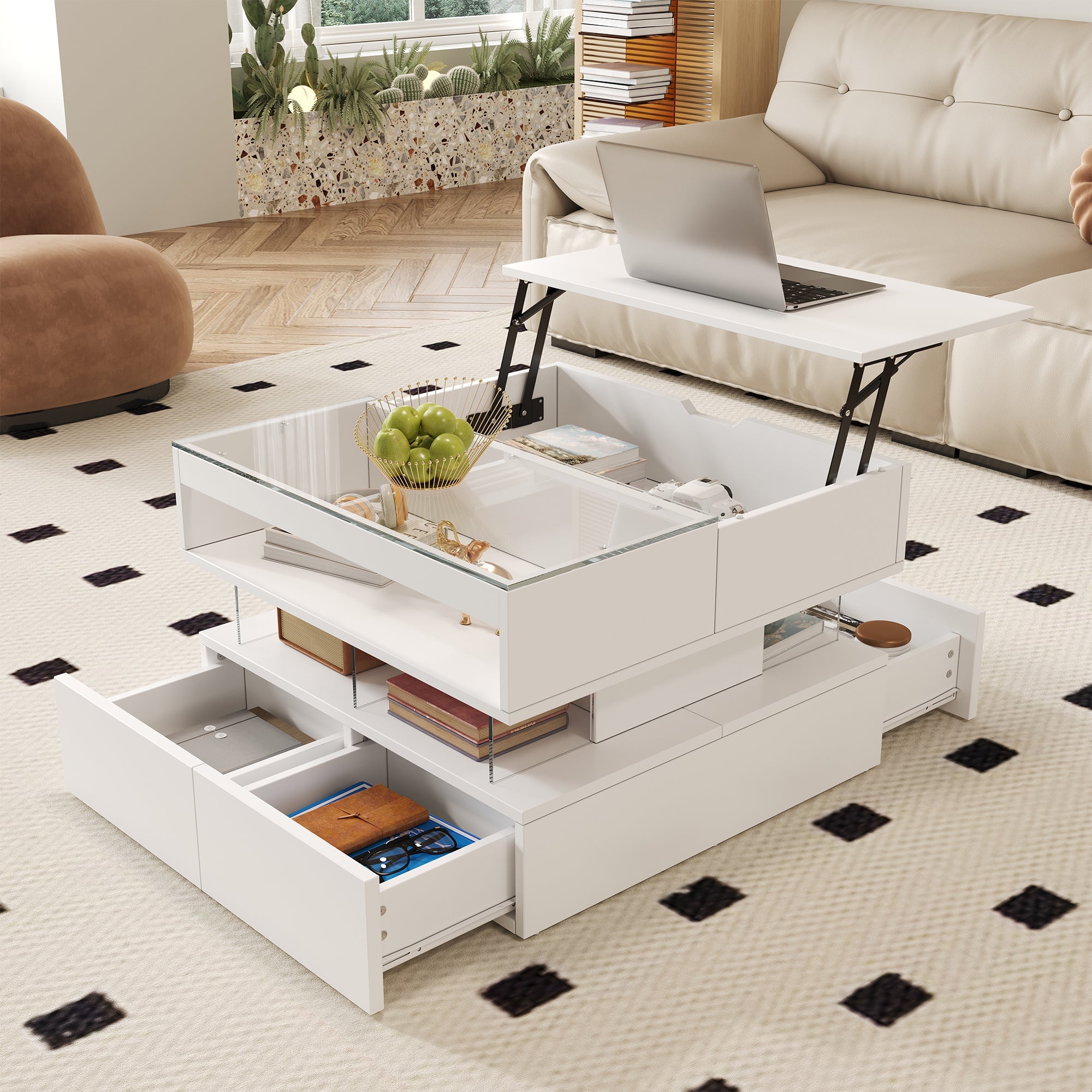 Coffee Table, Height-Adjustable with 16-Color Lighting, Glass & Acrylic