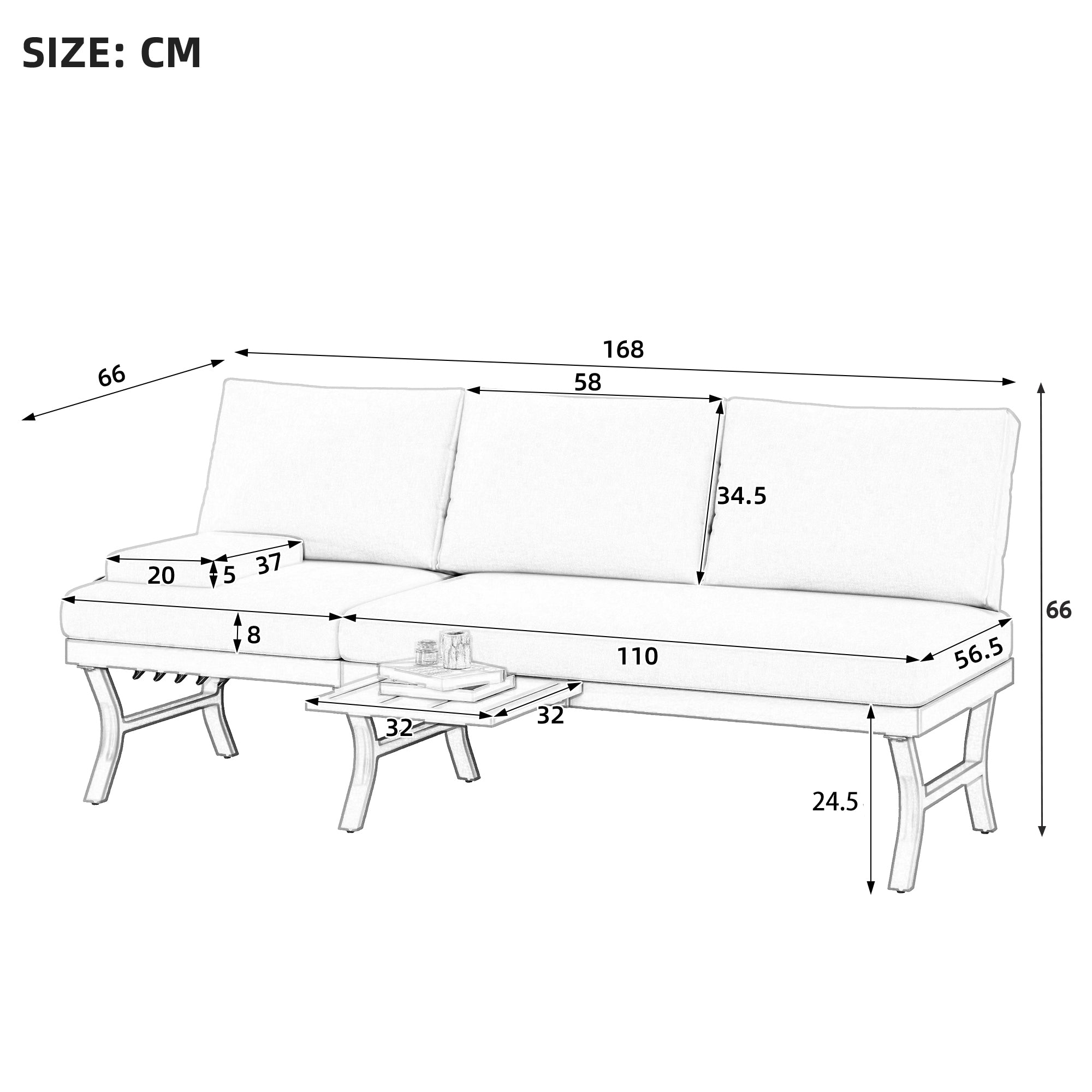 3-Seater Outdoor Sofa Garden Furniture Set with Adjustable Reclining Function and Table, Galvanized Steel, Beige