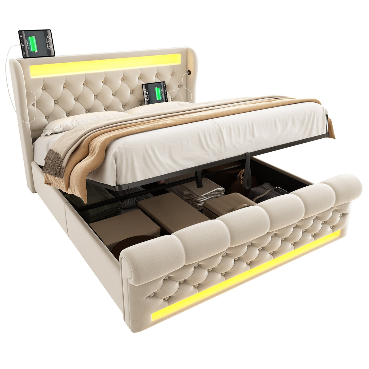 Upholstered Double Bed 160x200cm LED Lights USB/Type-C Storage Hydraulic Velvet Beige