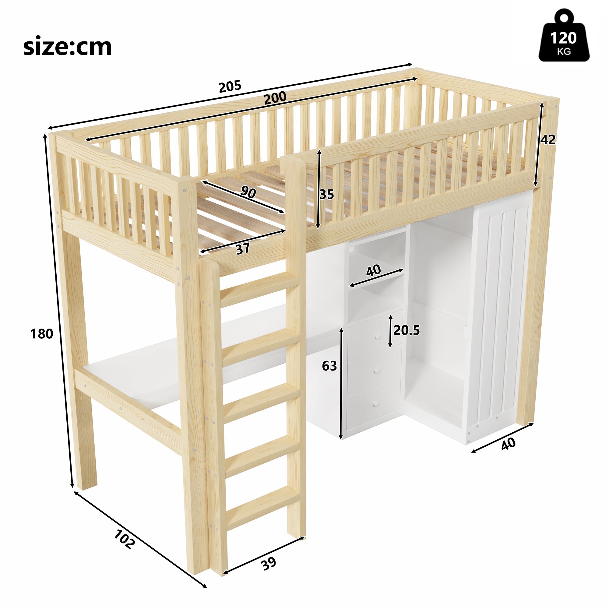 Loft Bed with Desk, Wardrobe and 3 Drawers, Natural