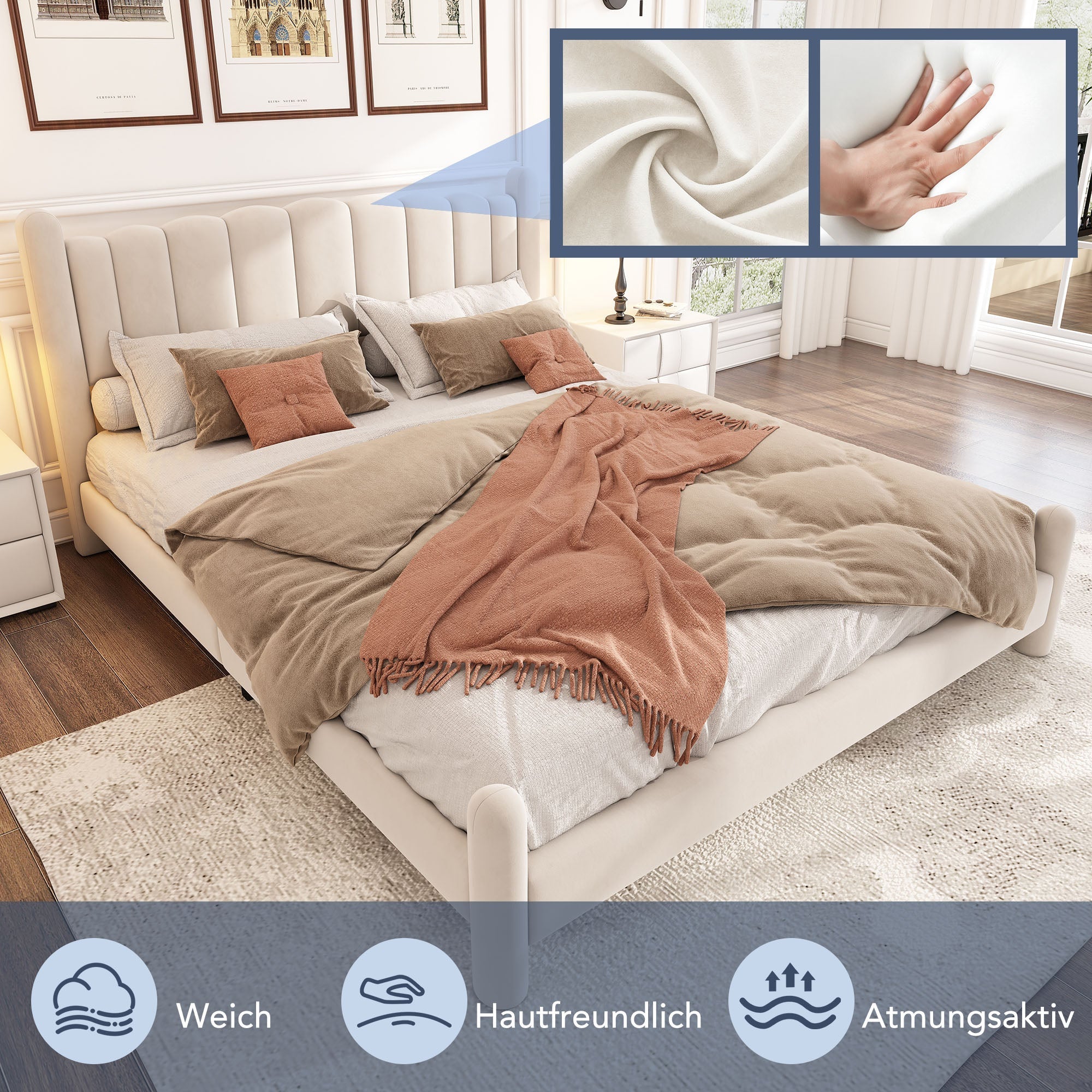 Upholstered Bed 180x200cm Slatted Base Fan-Shaped Headboard Beige Velvet