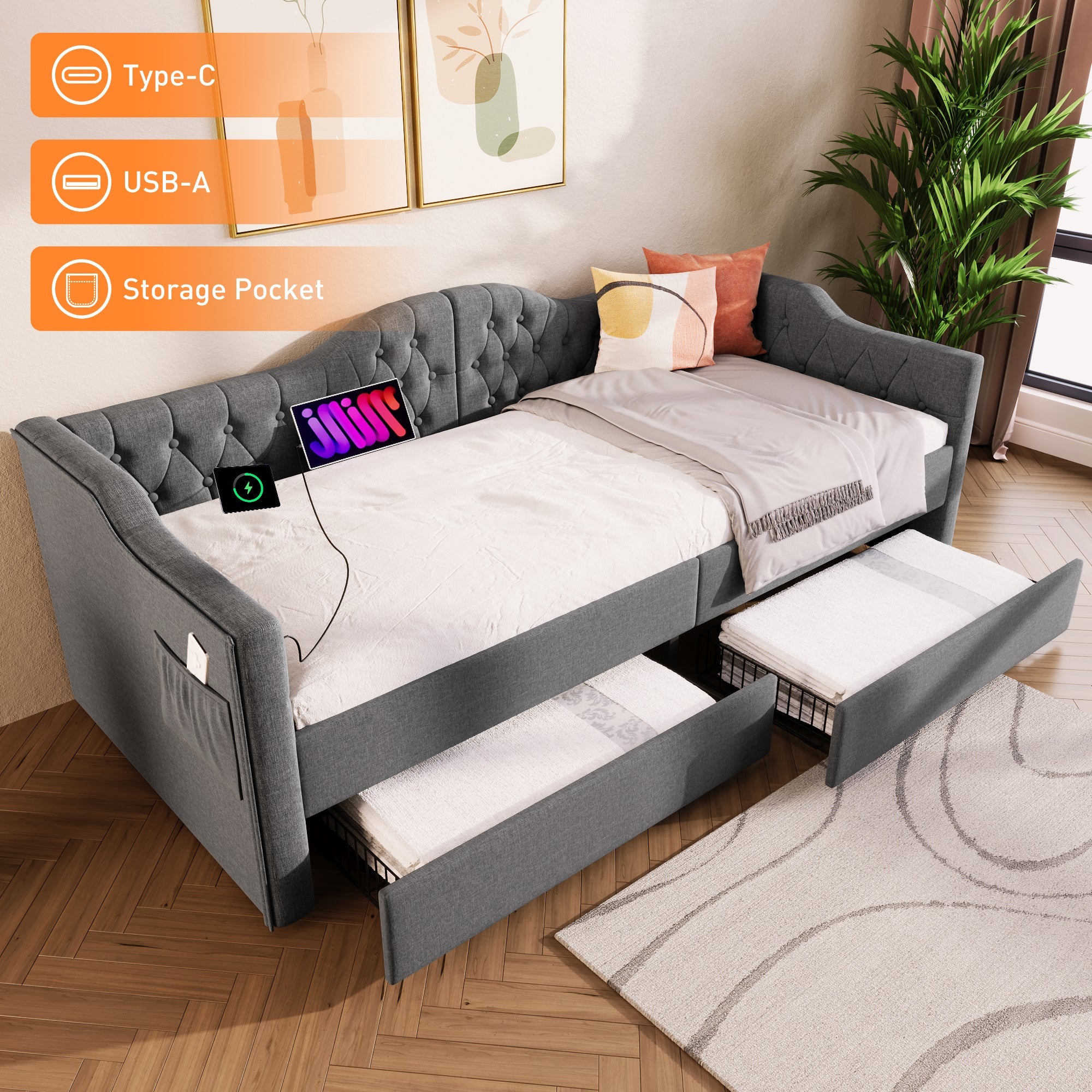 Upholstered Bed Daybed Sofa Bed Storage Bed with USB-C, 2 Drawers, 90x200cm, Grey Linen