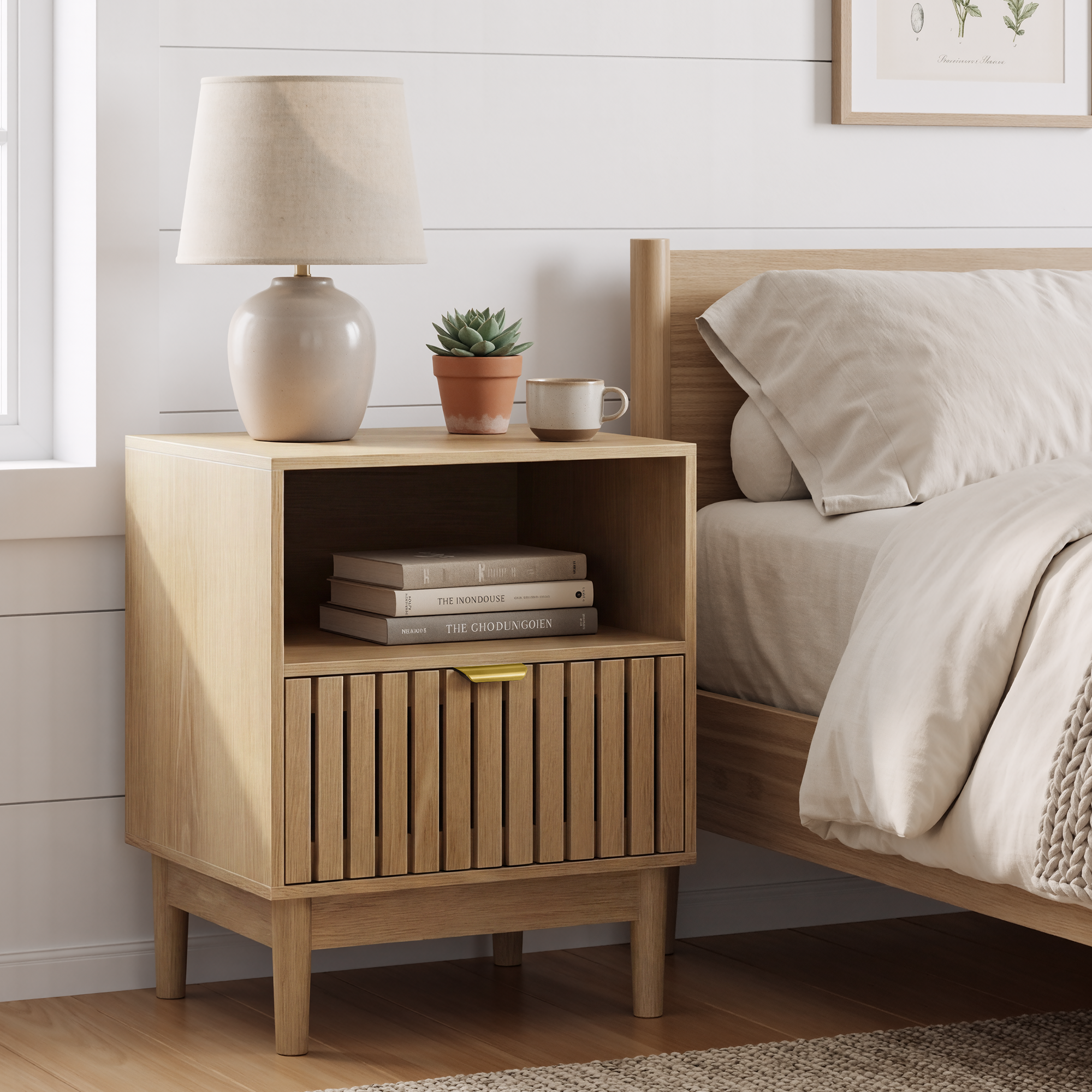 Modern Bedside Table with 1 Drawer and Slatted Design, 45x39x56.5cm, Oak