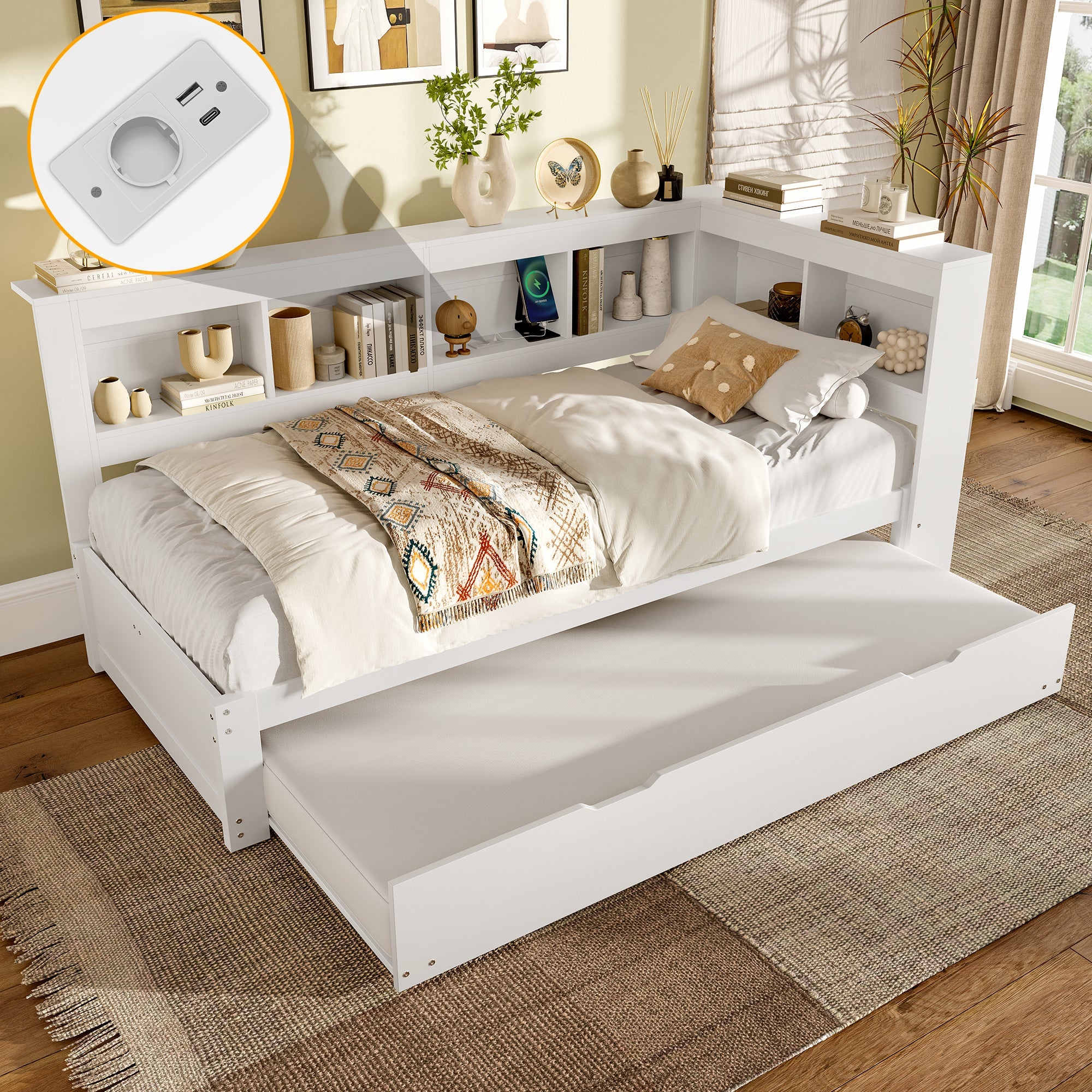 Daybed with Pull-Out Bed, 90x200cm, Power Outlet and 2 USB Ports, White Chipboard