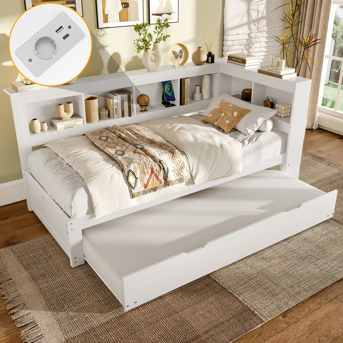 Daybed with Pull-Out Bed, 90x200cm, Power Outlet and 2 USB Ports, White Chipboard