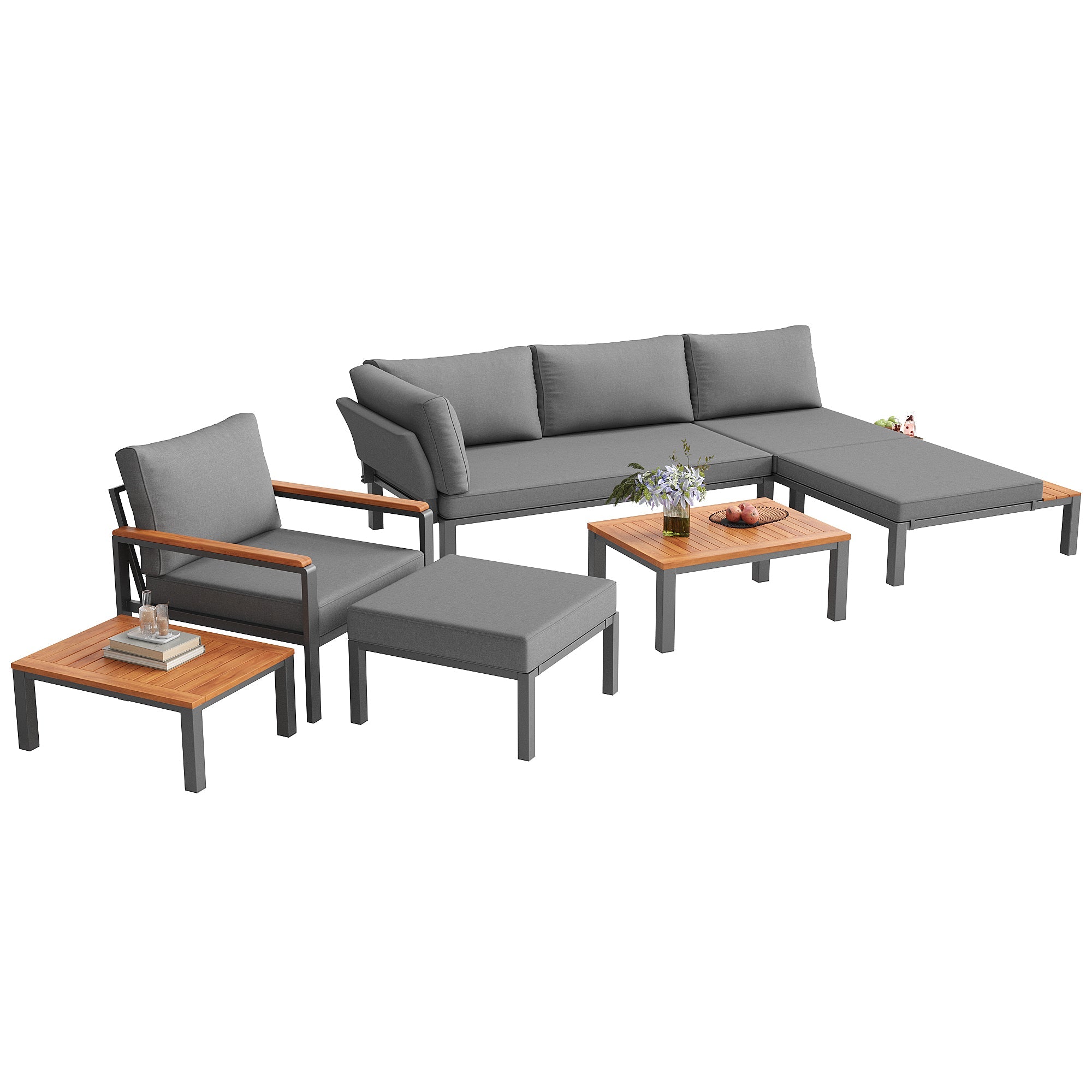 Modular Outdoor Seating Set with Metal Frame and Wooden Tables, Grey