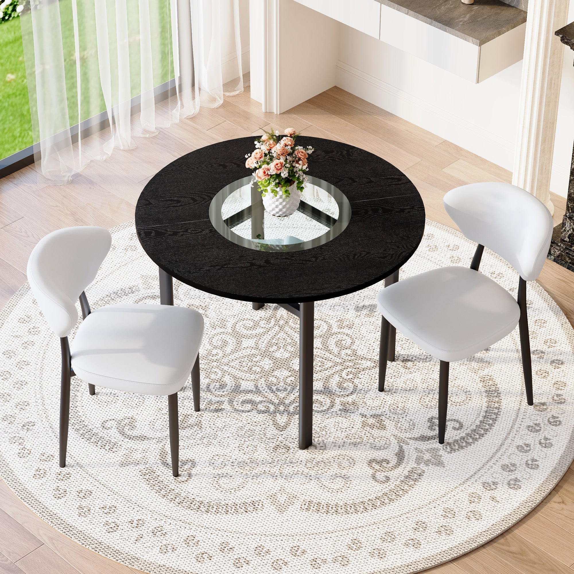 Round Table Set Modern Minimalist 100cm with 2 White PU Armchairs - Black Wood Look