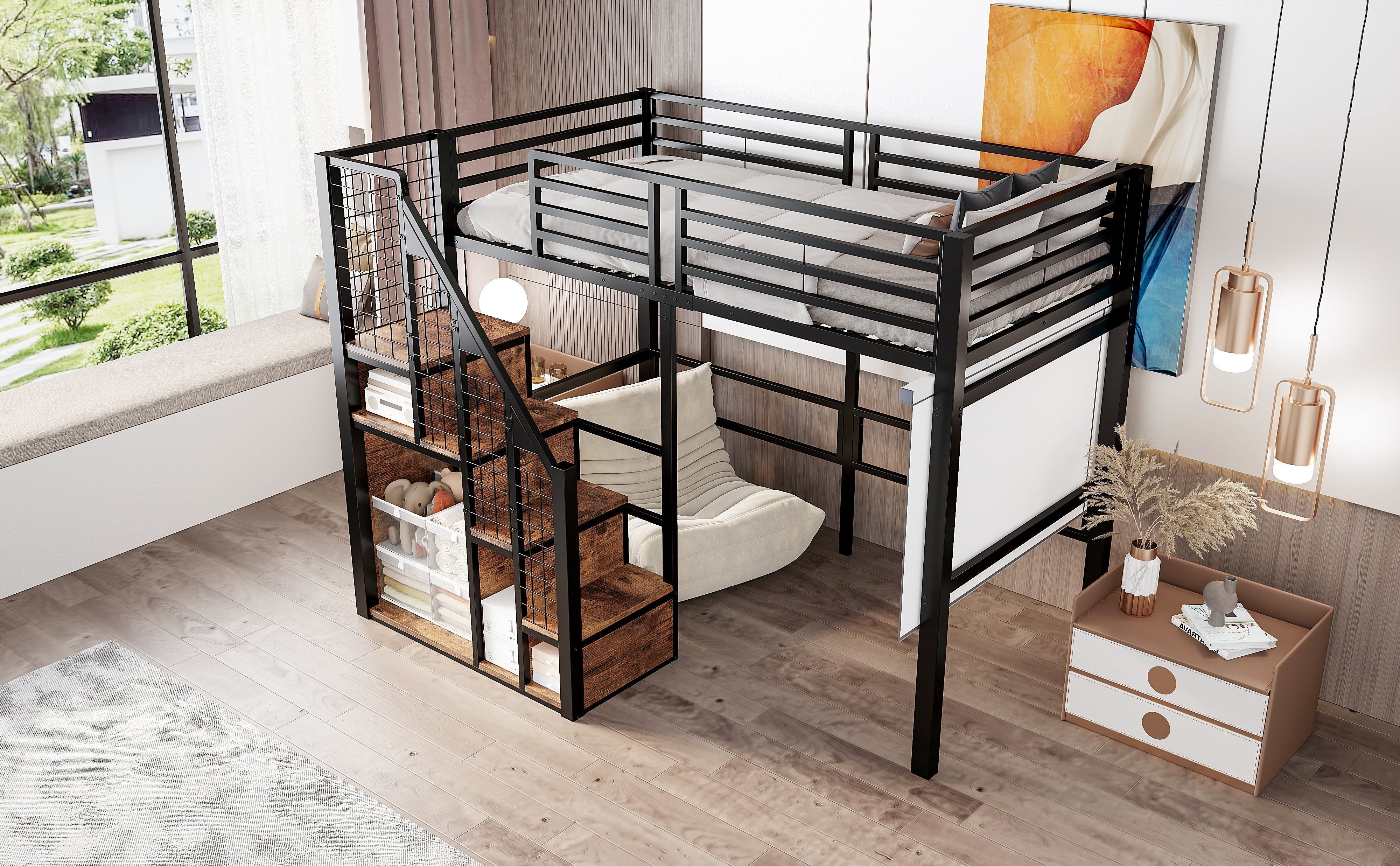Bunk Bed 90x200cm Iron Frame with Storage Area Safety Ladder Black