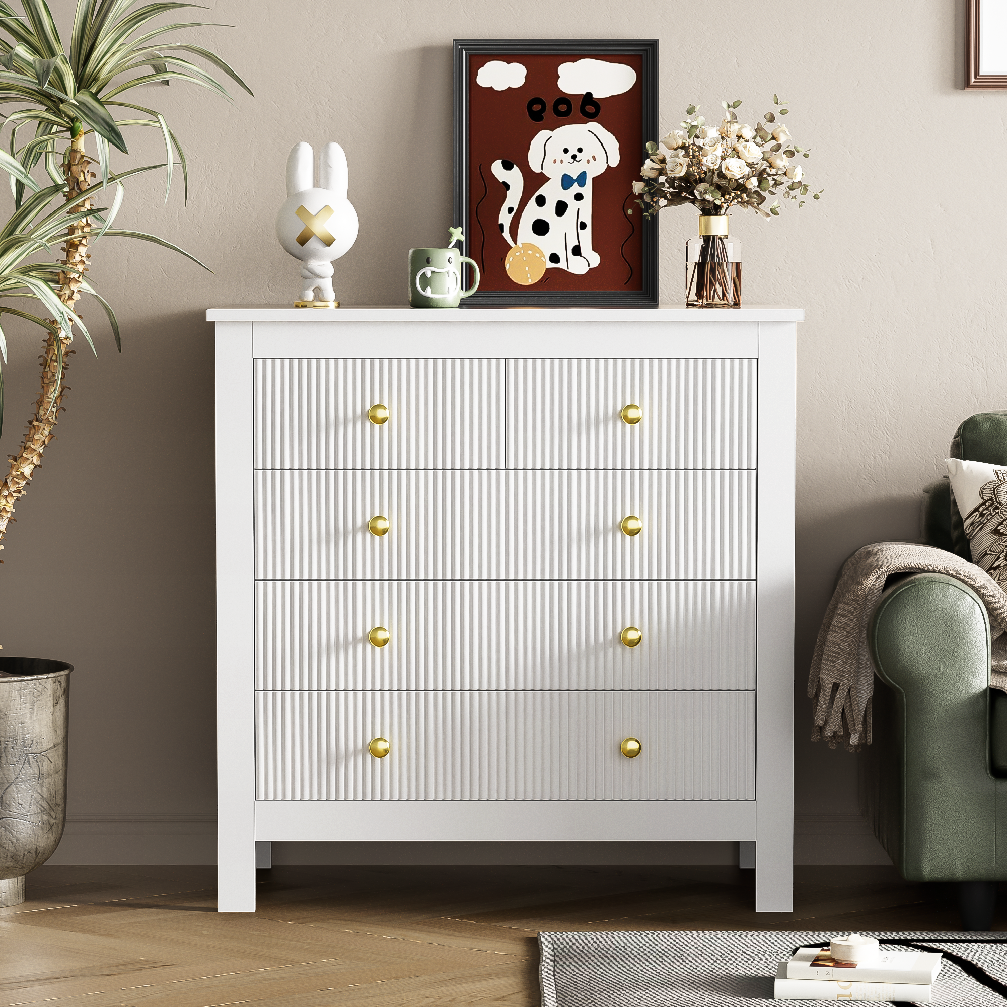 Sideboard, chest of drawers with special doors, gold handles