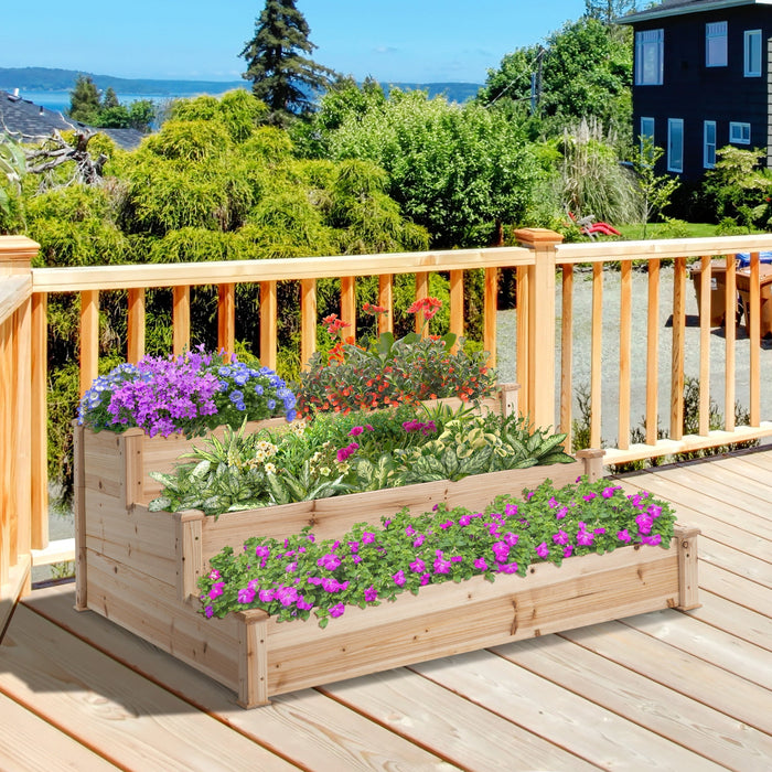 Raised Garden Bed 3-Tier Planter Flower Stand, Natural Fir Wood