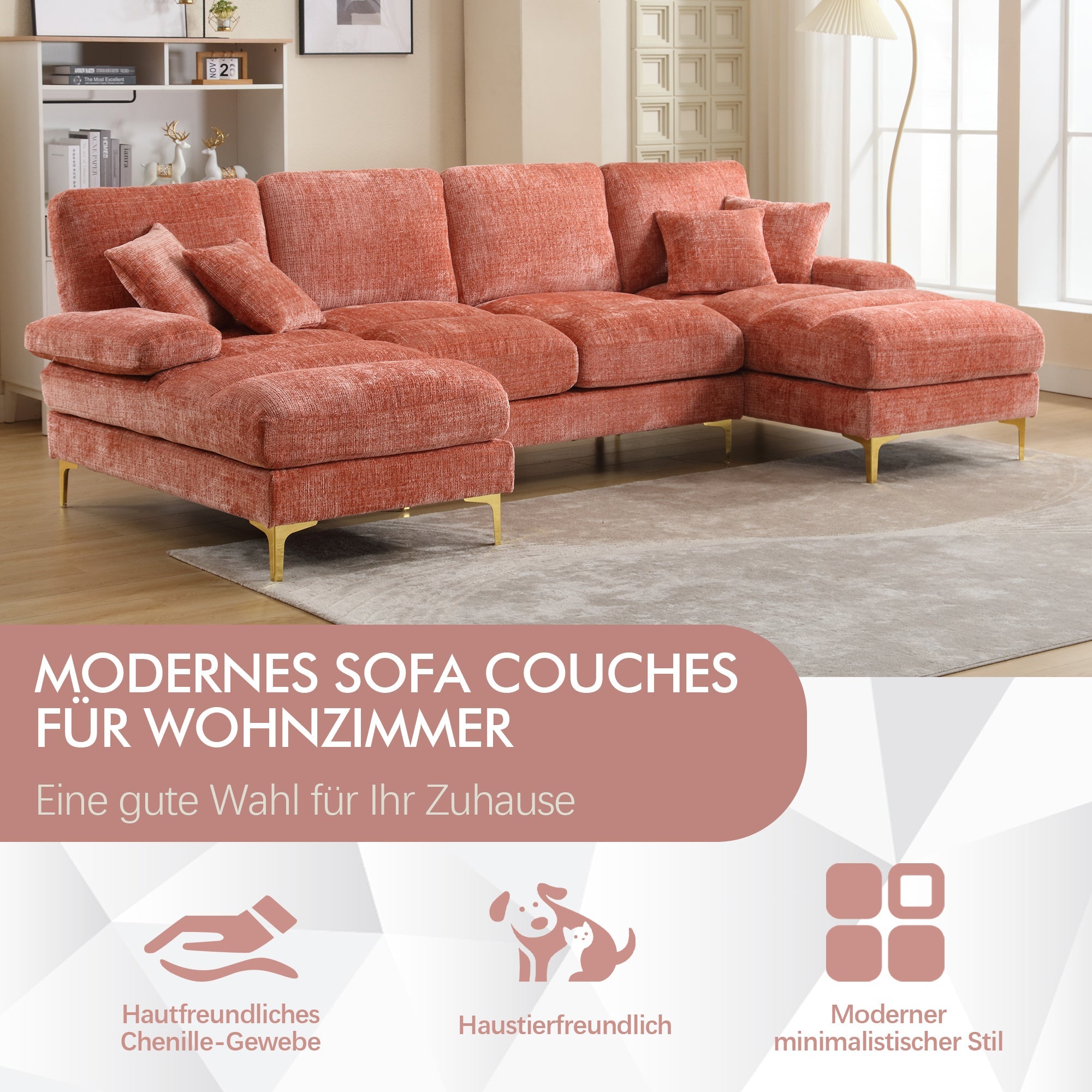 U-Shape Sectional Sofa, Large Double Reclining Seats, Chenille Pink