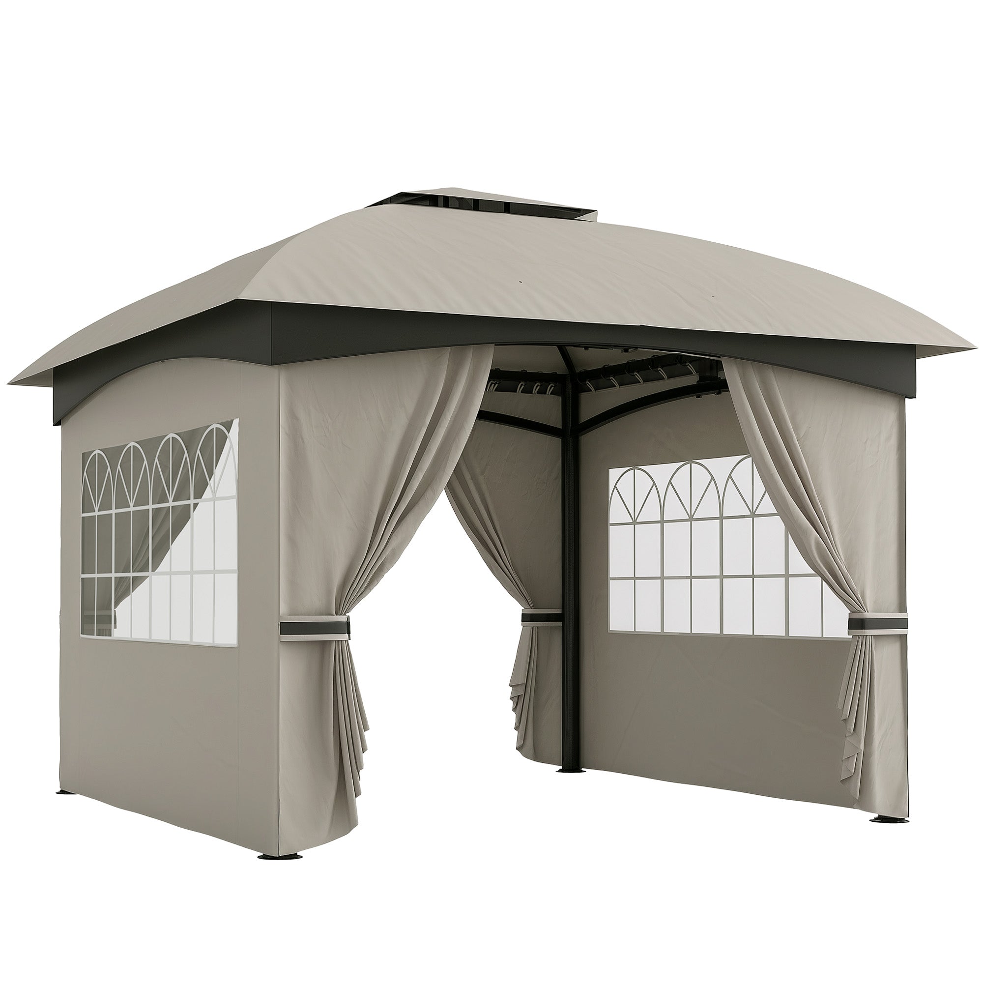Pavilion 3.4x3.4m Double Roof, 4 Side Panels, Water-Repellent, UV Protection Galvanized Metal Frame, Light Grey