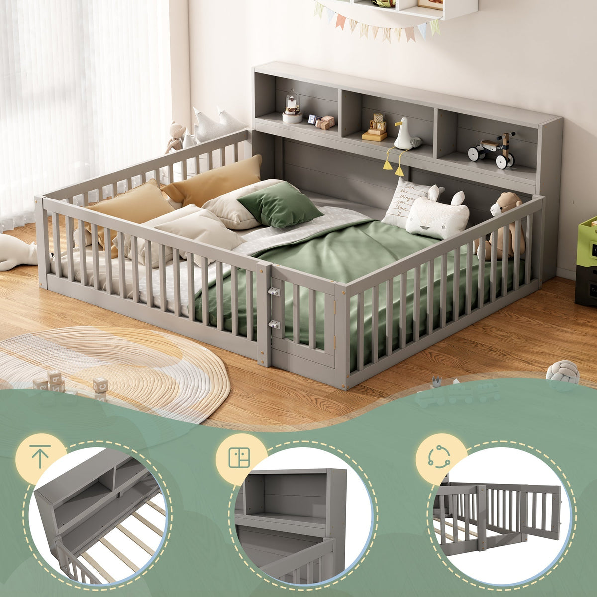 Daybed Sofa Bed 140x200cm with Bedside Storage Railing, Grey Pine Wood
