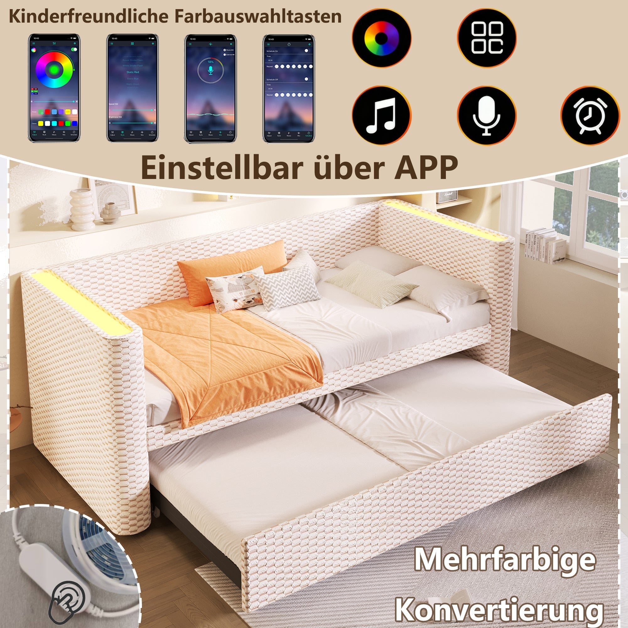 Daybed Sofa Bed, Multifunctional Pull-Out with LED Light, Velvet Beige