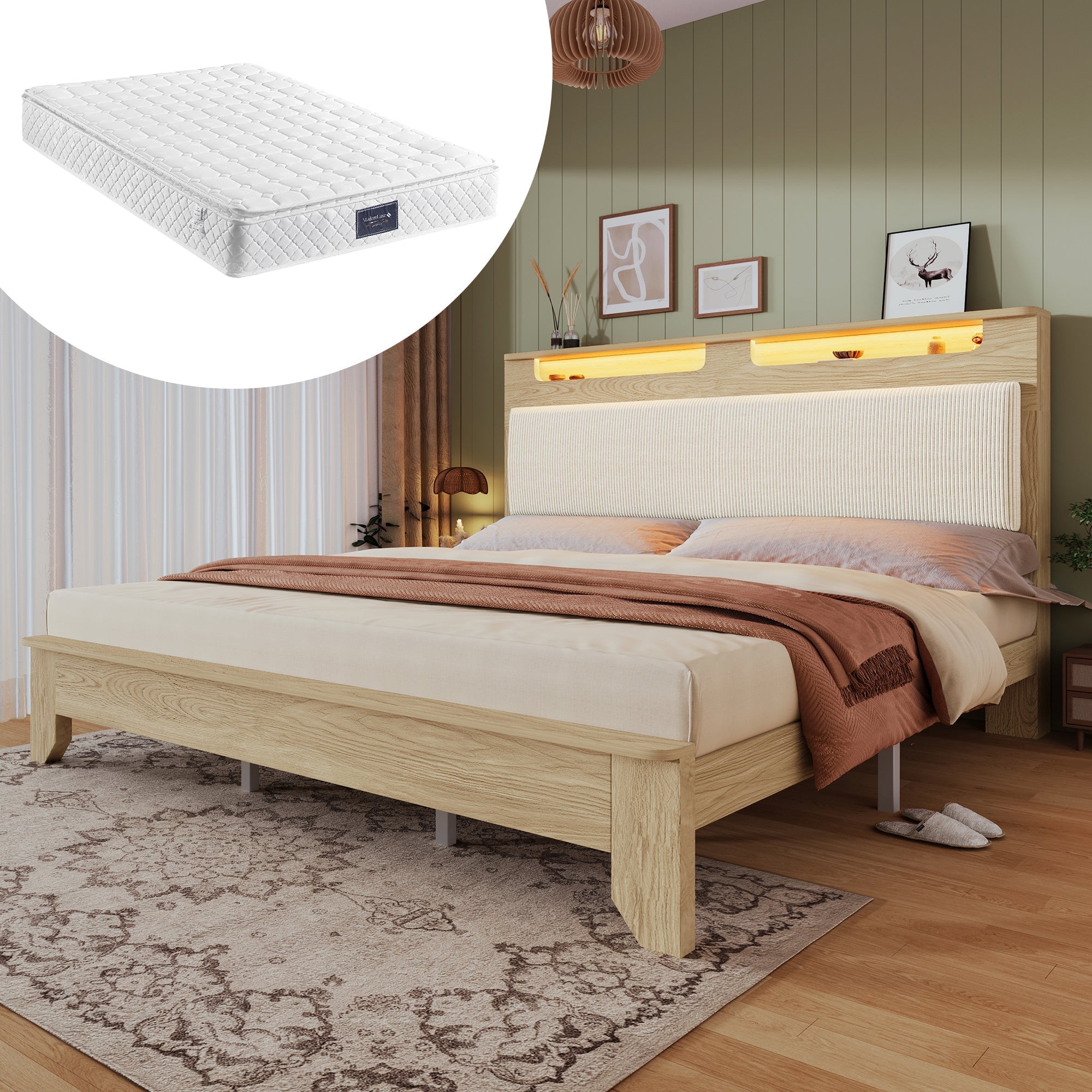 Double Wooden Bed, 160x200cm, Headboard Storage, LED, Light Oak