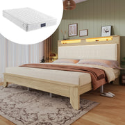 Double Bed 140x200cm, LED Headboard with Storage, Beige Corduroy & Light Oak