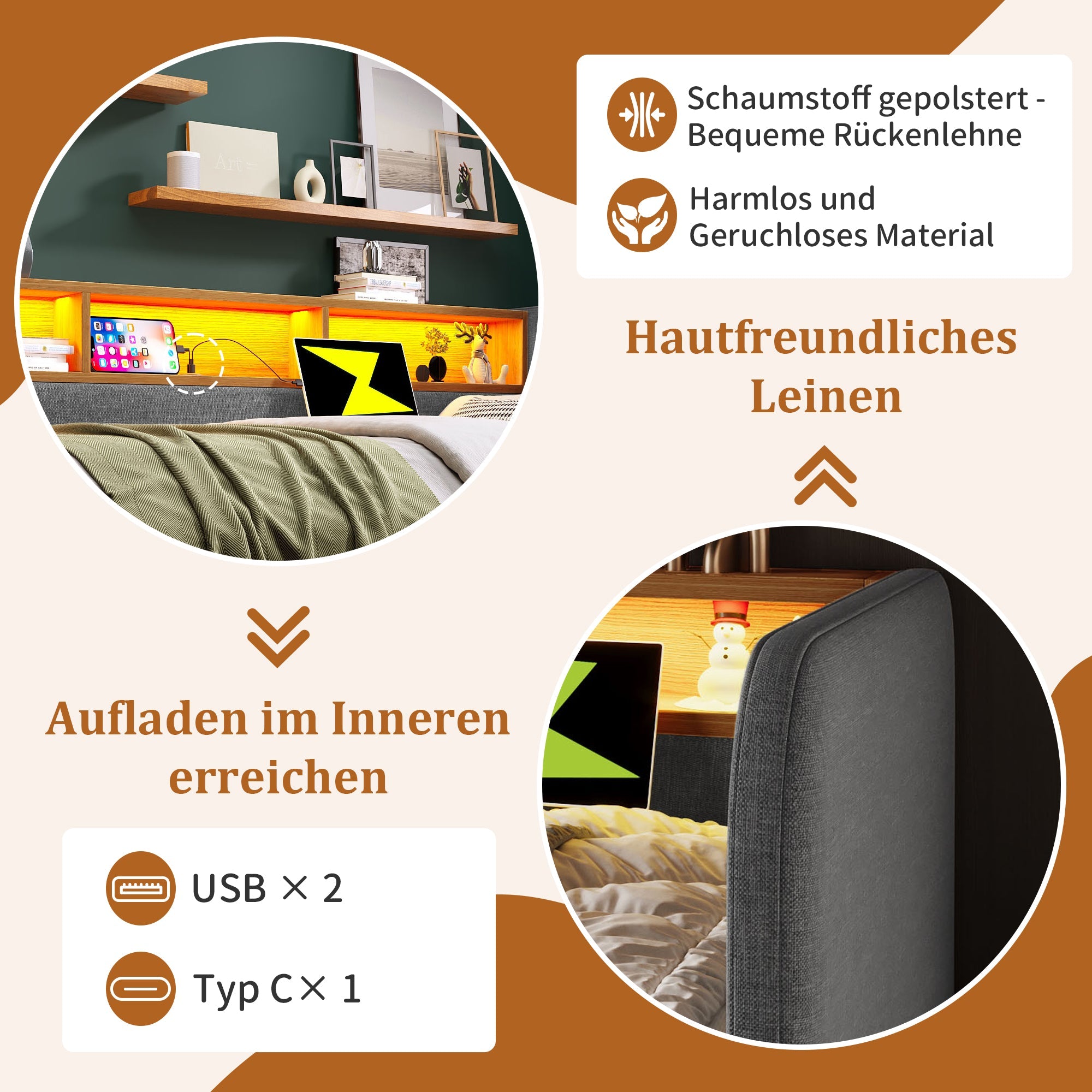 Upholstered Daybed with LED, USB-C and 2 Drawers, 140x190cm, Grey Linen