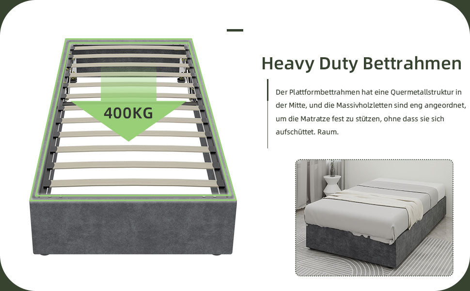 Modernes Bettgestell in schlichtem Stil 90 x 200 cm Gasdruckfeder Stauraum Holländischer Samt Grau