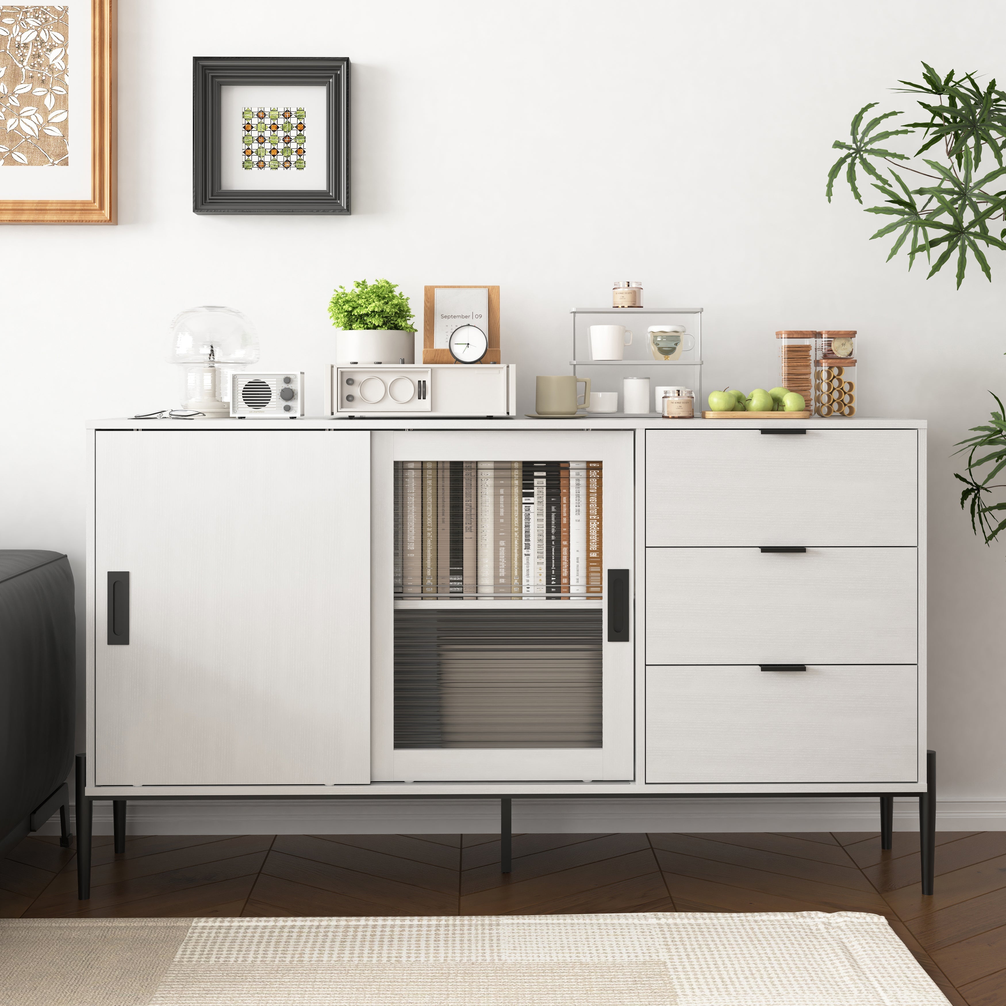 Sideboard Glass Sliding Door 3 Drawers Console Table - White