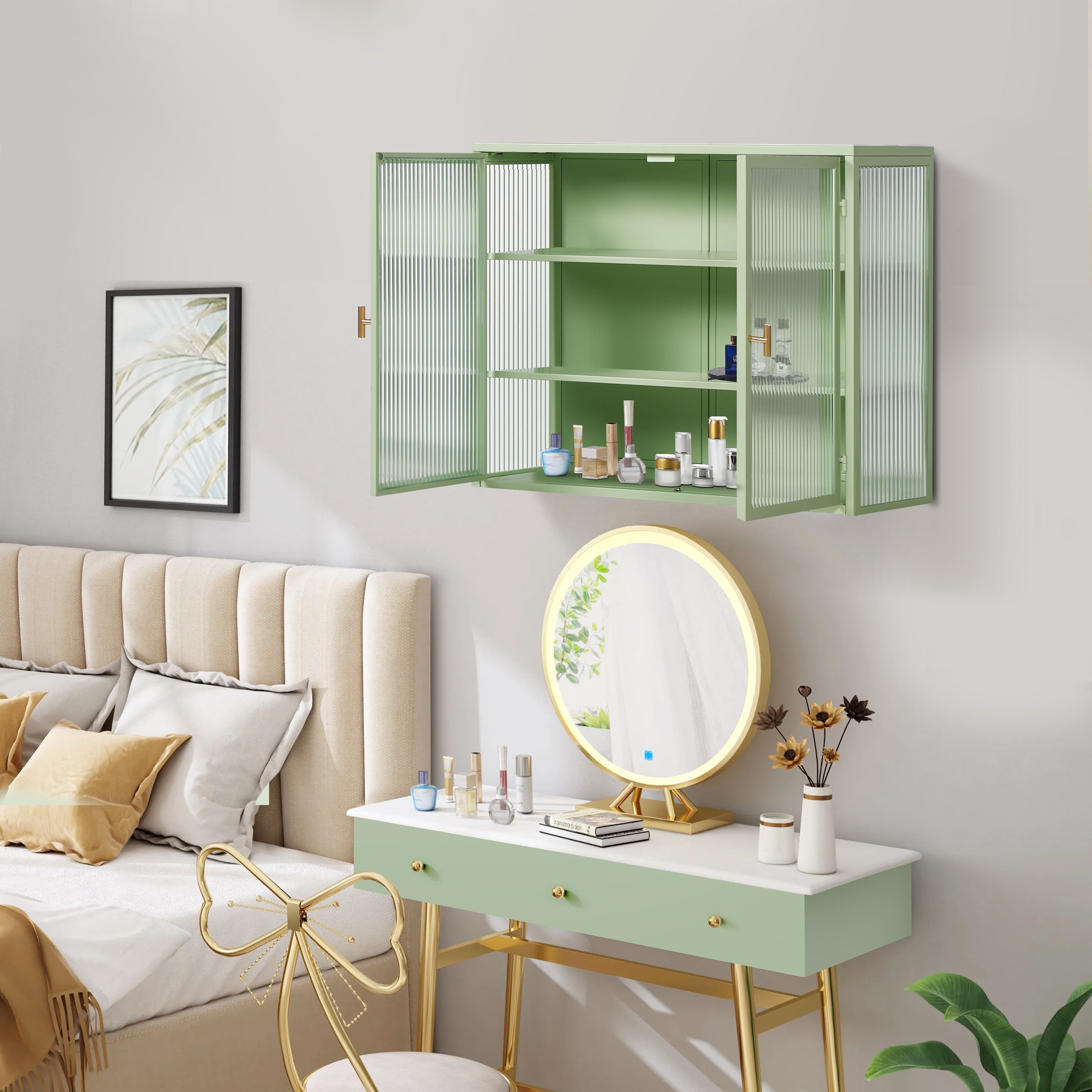 Wall Cabinet, 70CM Modern Two-Door with Three-Tier Storage, Glass Doors (Green)