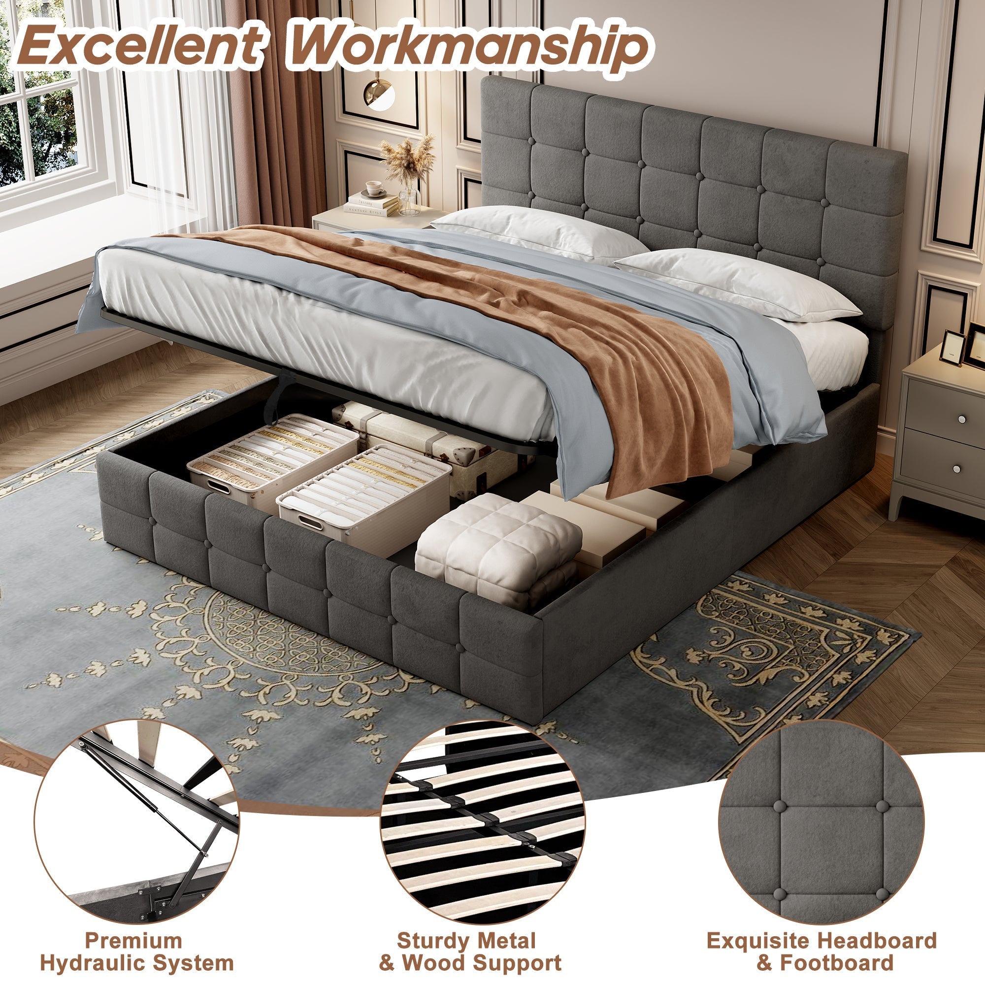 4ft6 Double Upholstered Storage Bed Frame, Velvet Ottoman Bed with Hydraulic Storage, Adjustable Button Tufted Headboard, Grey