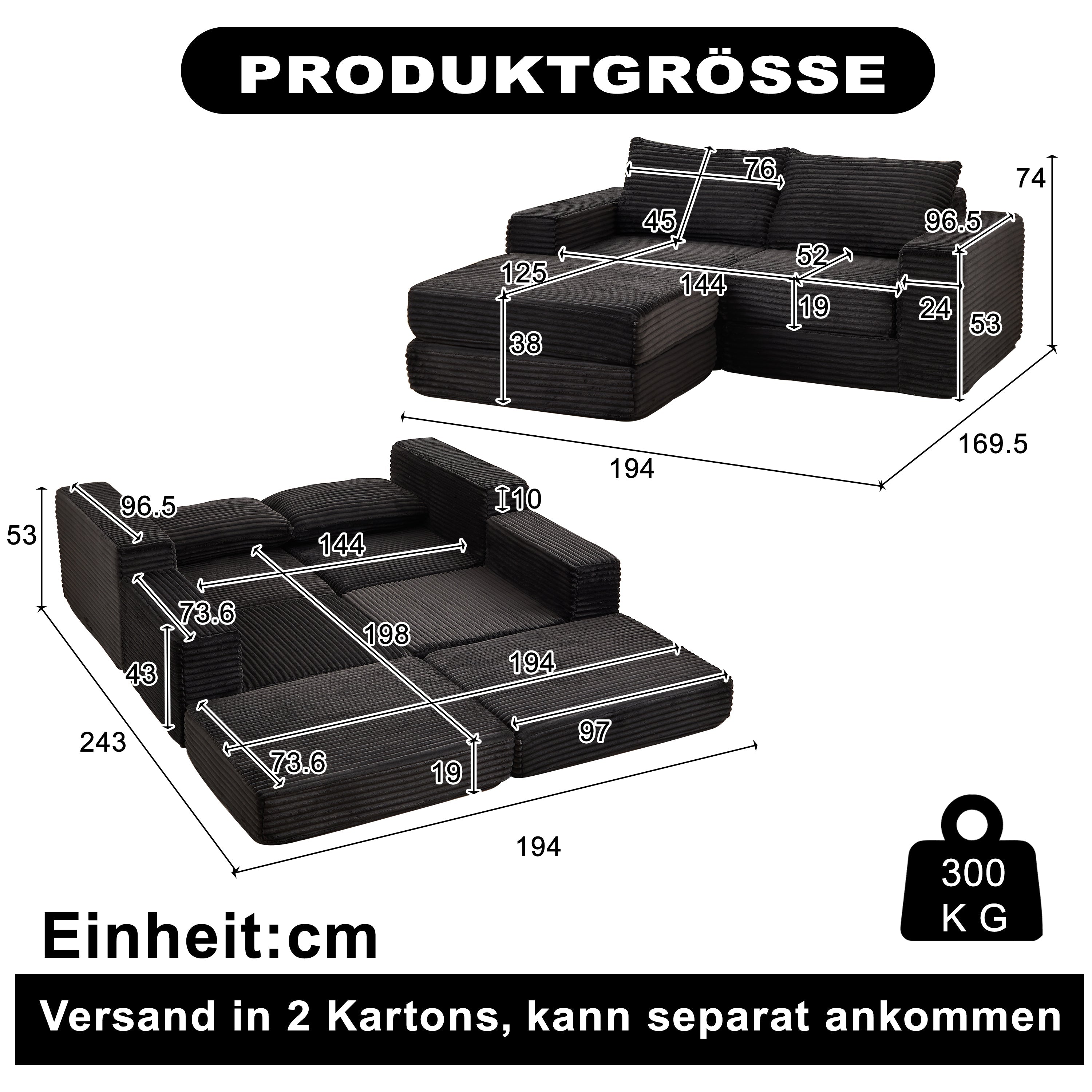 Corduroy 2-in-1 Sofa Bed with Removable Footstool and Modular Design, Corduroy