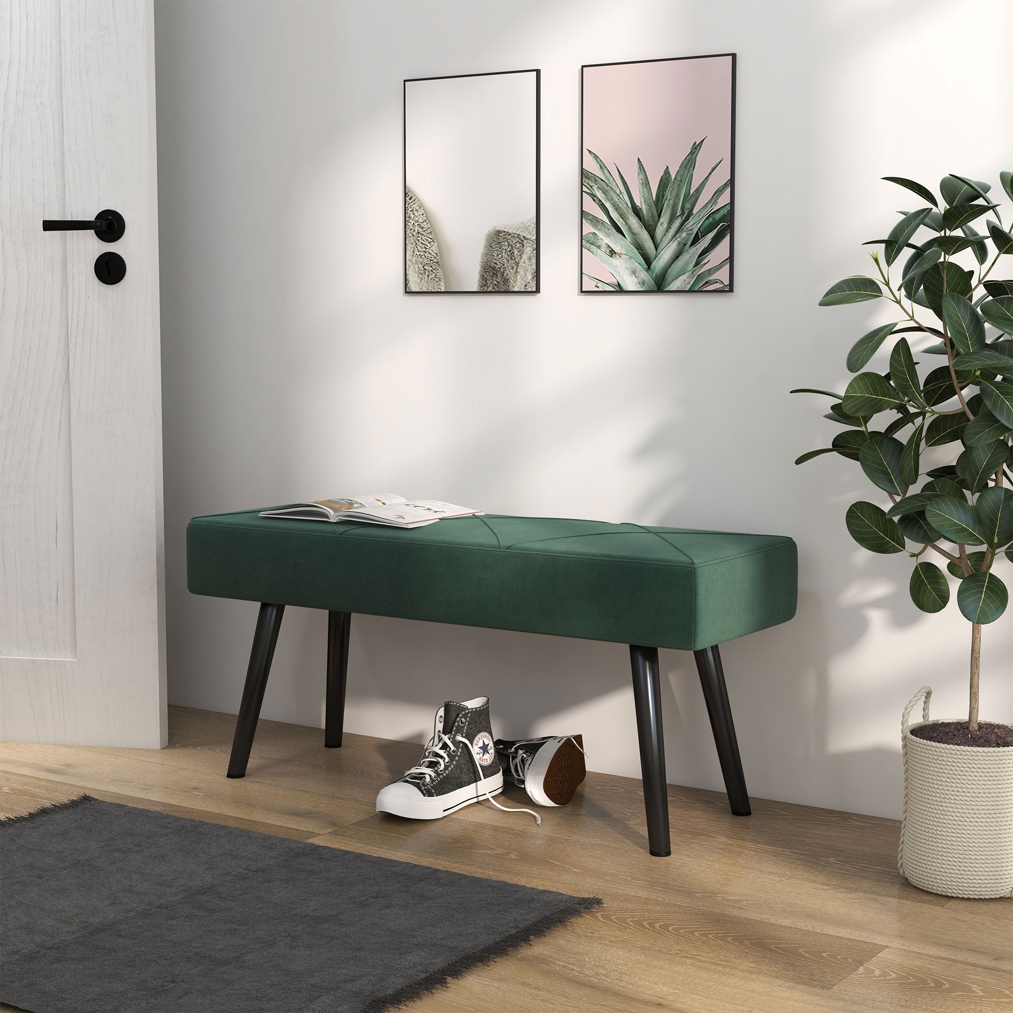 Upholstered Bench X-Pattern Seat, Bed, Hallway, Velvet Look, Green