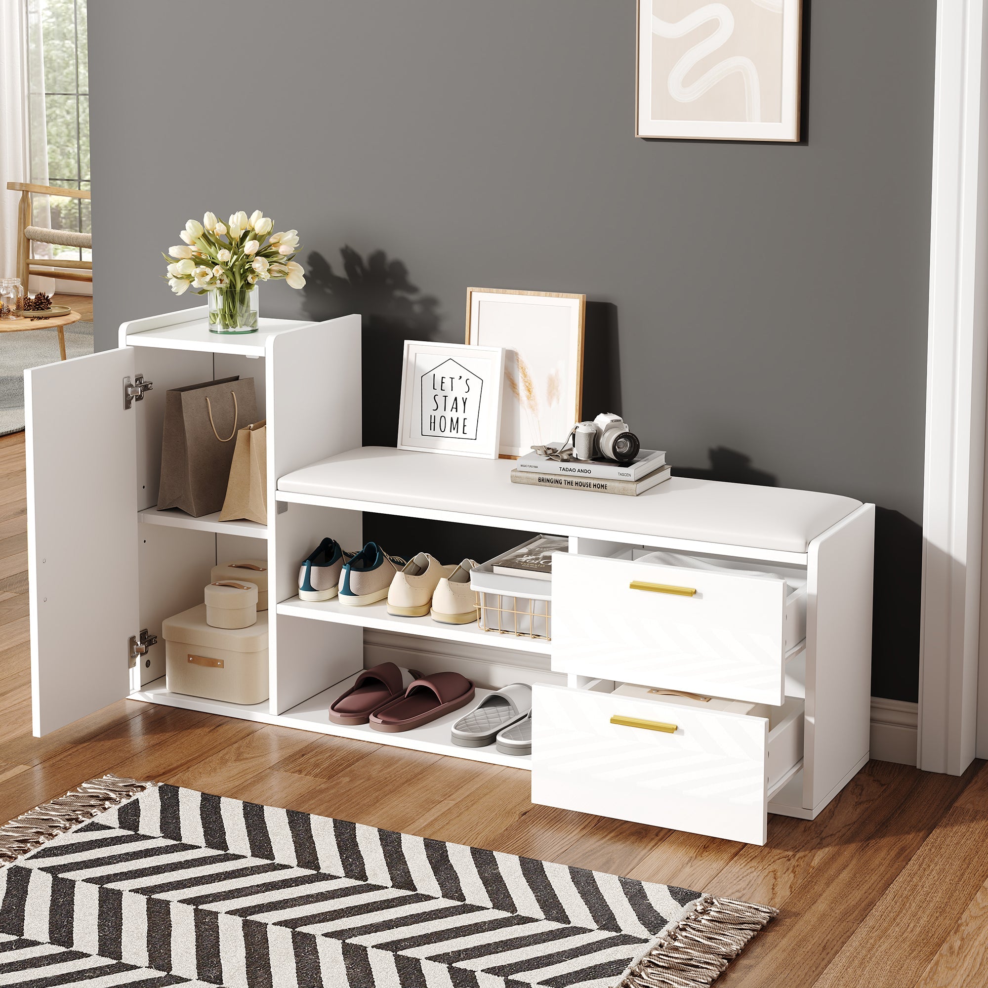 Shoe Cabinet 128x30x68cm with Bench, 2 Drawers, High-Gloss White