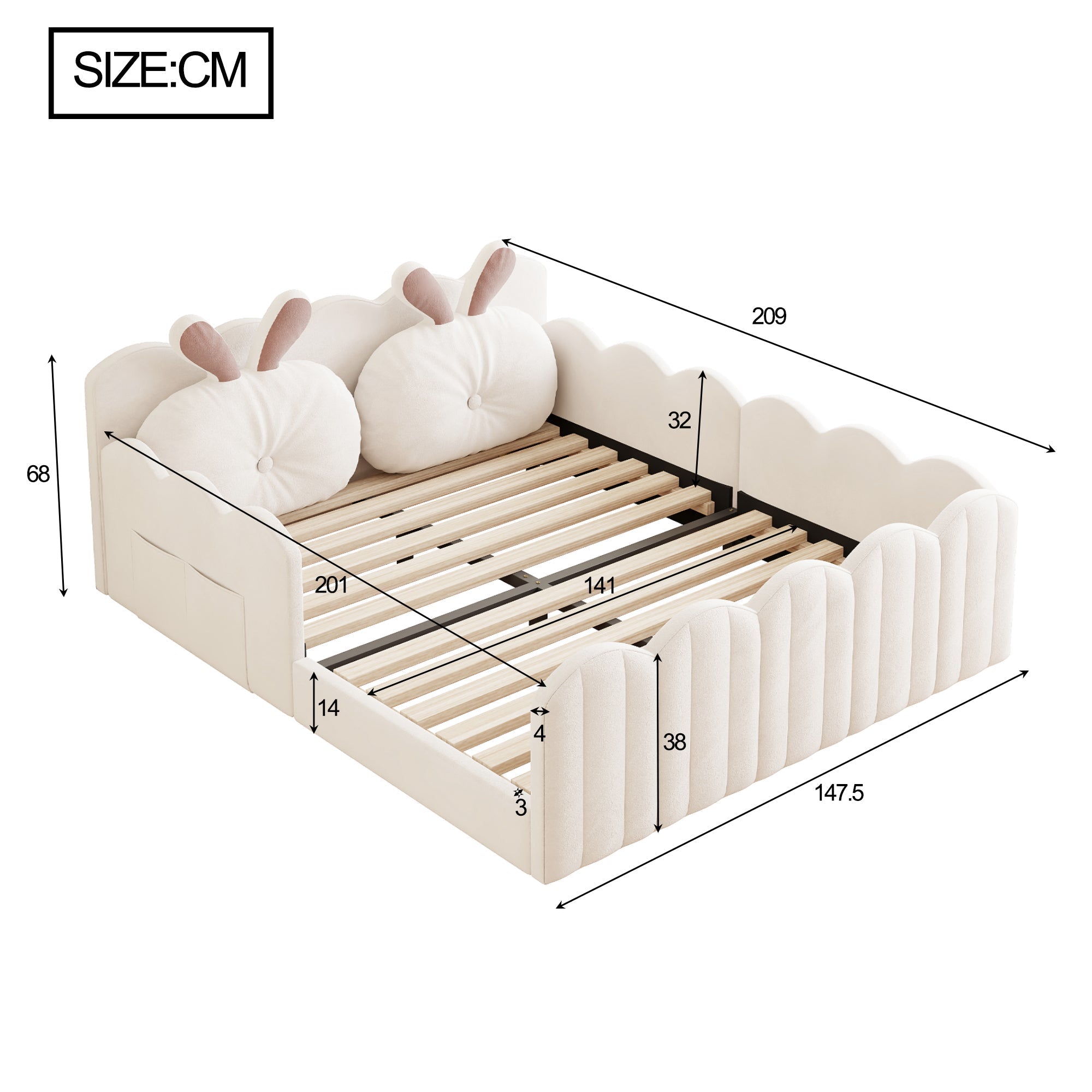 Upholstered Platform Bed with Rabbit-Shaped Cushions, 140x200cm, Beige Velvet