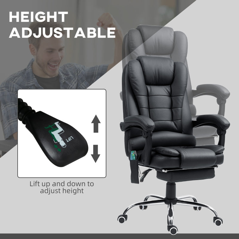 Office Chair, 6 Point Massage Heat Footrest Adjustable Reclining Swivel, PU Leather Black
