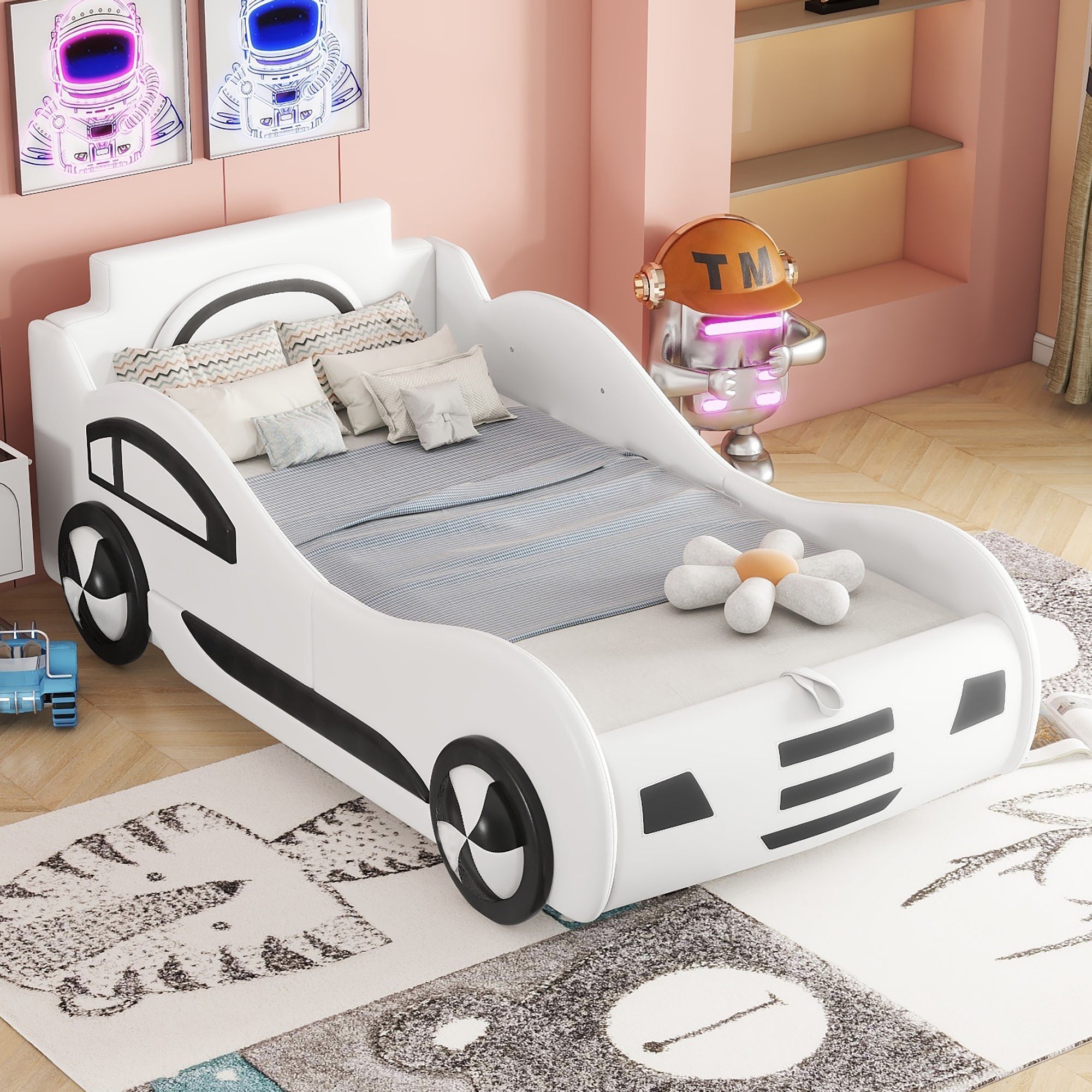 Car Bed, 90x200cm, Flat Bed with Slatted Base & Under-bed Storage, White