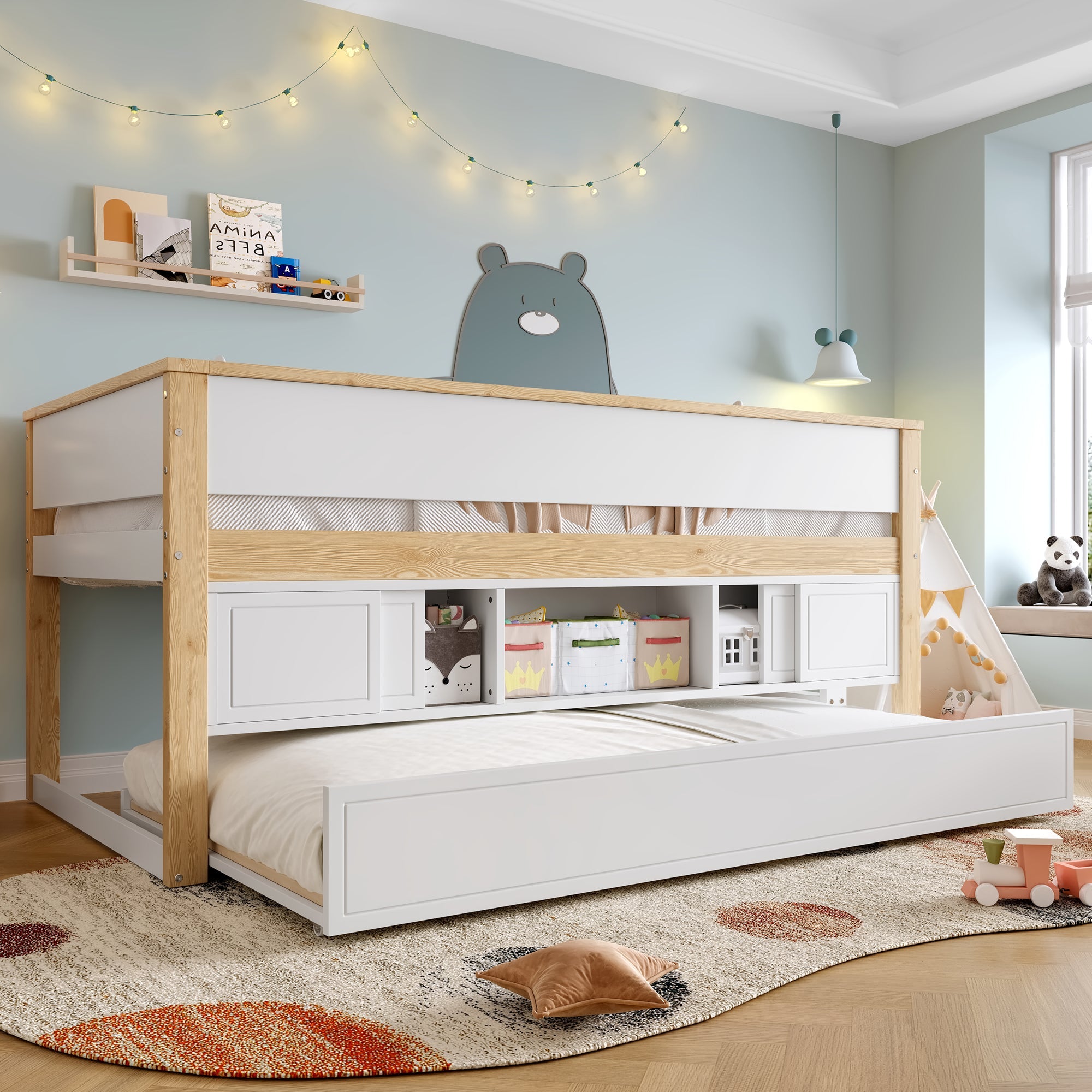 Mid-height Bed with Pull-Out Bed Storage 90x200cm, White + Natural