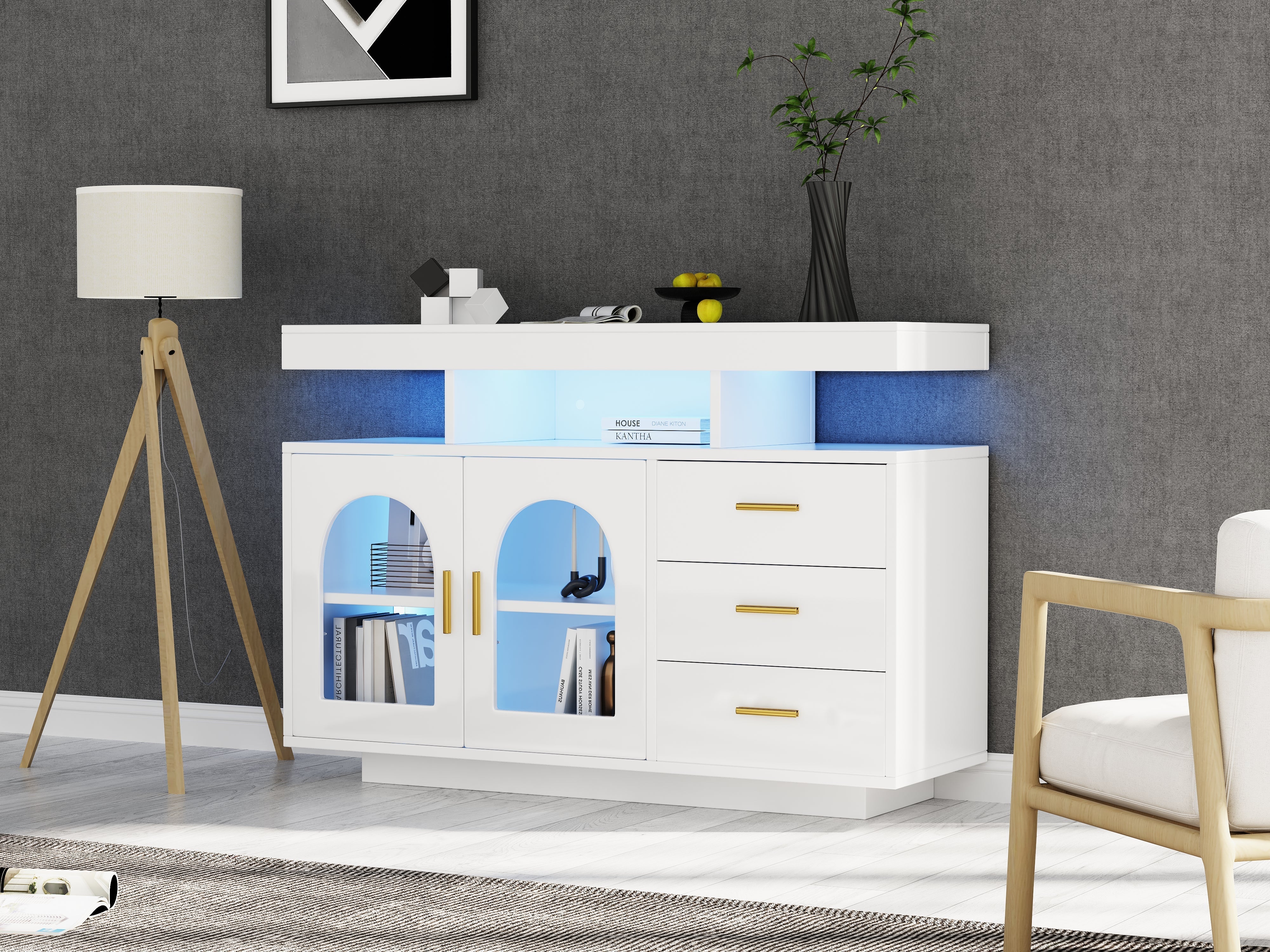 LED Sideboard Buffet 120cm High Gloss Coffee Bar Drawer Cabinet 16 Color Lights White