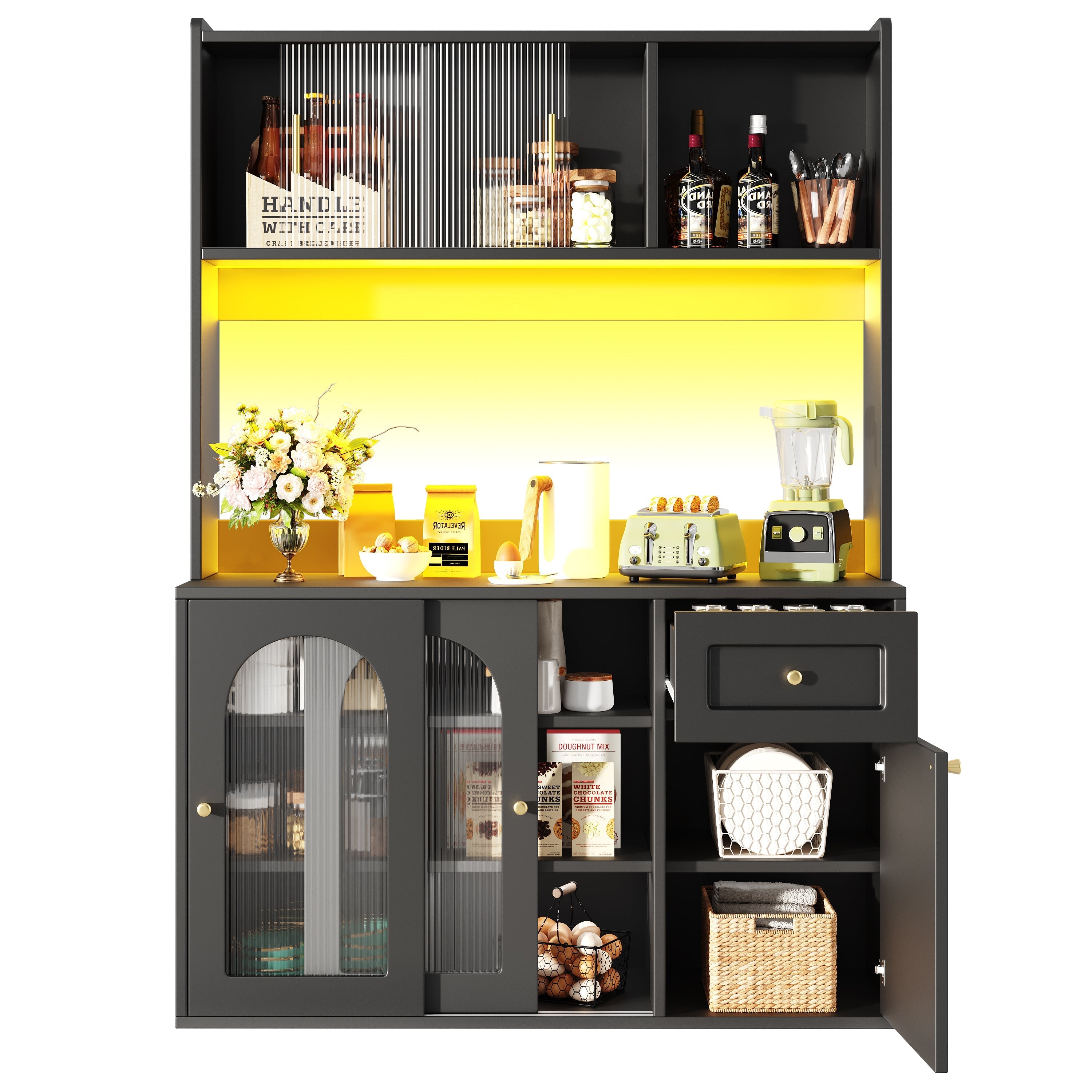 Kitchen Cabinet Tall Display Sideboard w/ Adjustable Shelves, LED Lighting, White/Black
