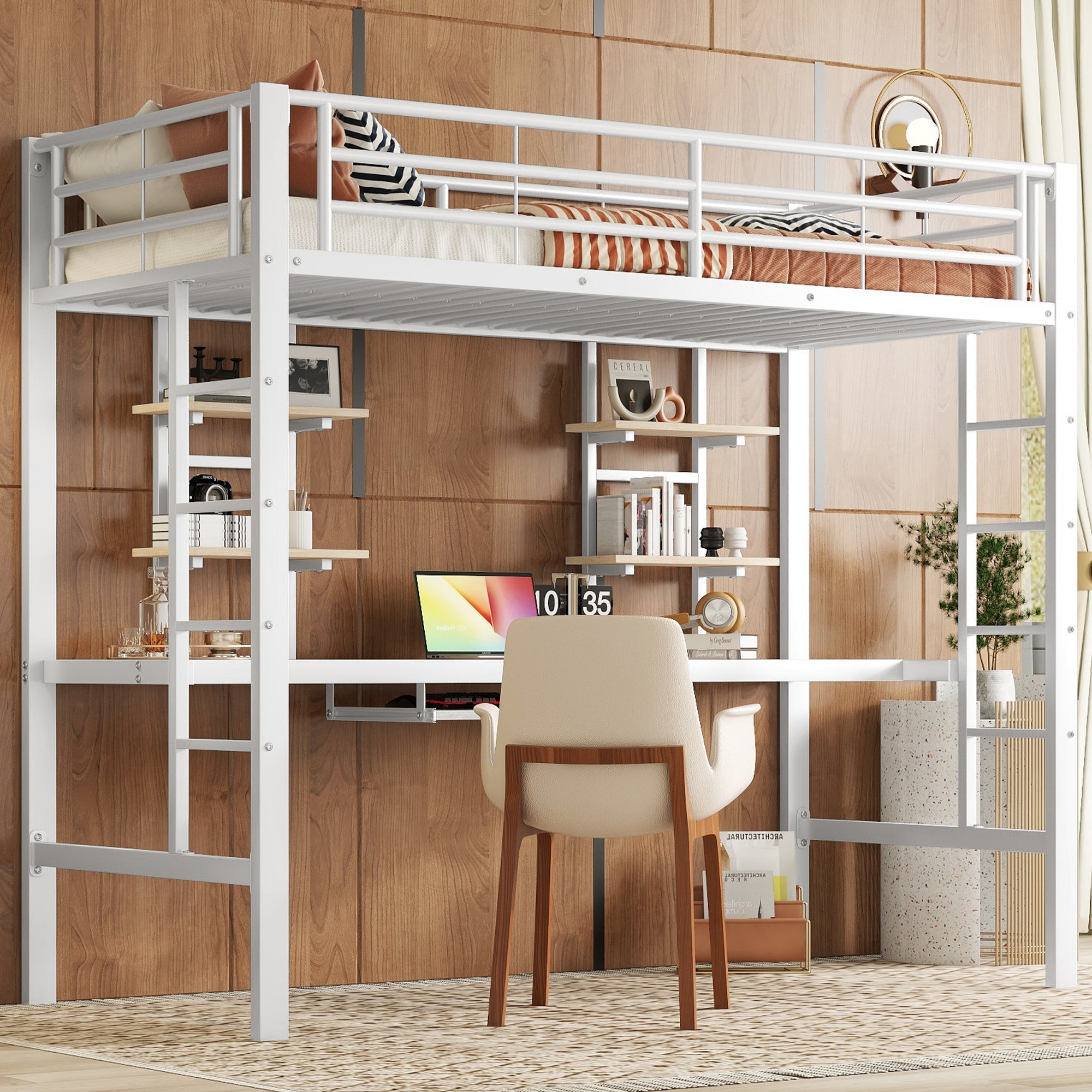 Loft Bed 90x200cm Metal Frame with Desk and 2 Bookshelves White