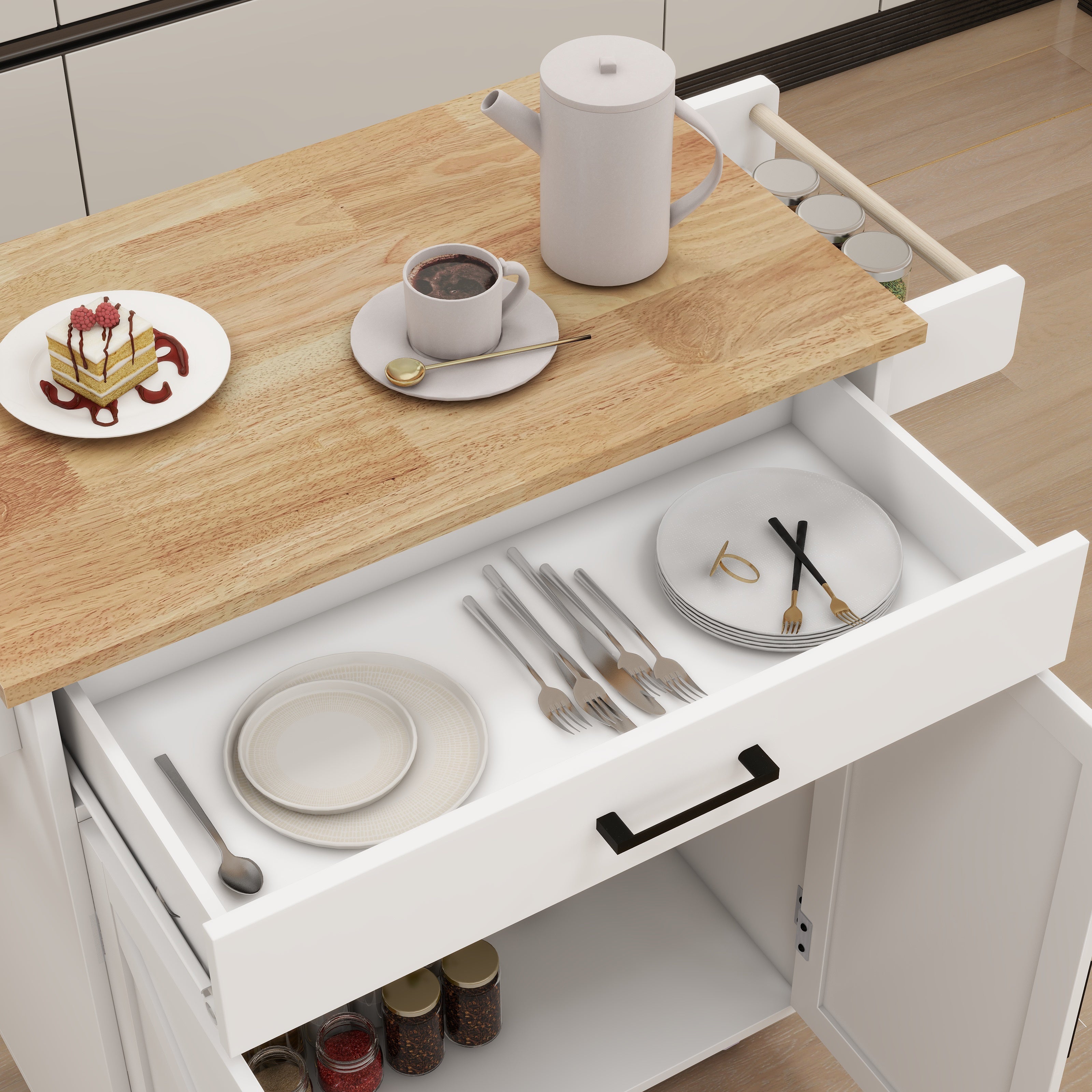 Kitchen Island Trolley Cart with Adjustable Shelves, Towel/Seasoning Racks - Rubber Wood, White