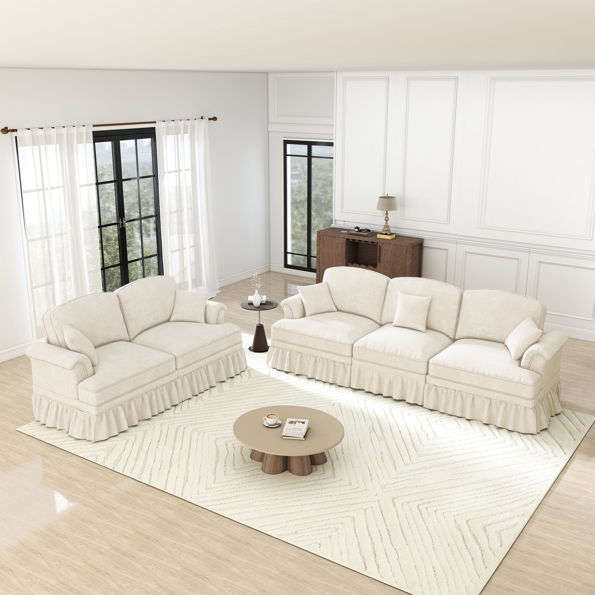 Classic 2-piece Modular Sofa Set 3-Seater 2-Seater Loveseat Ruffled Apron Spindle Legs - Chenille White