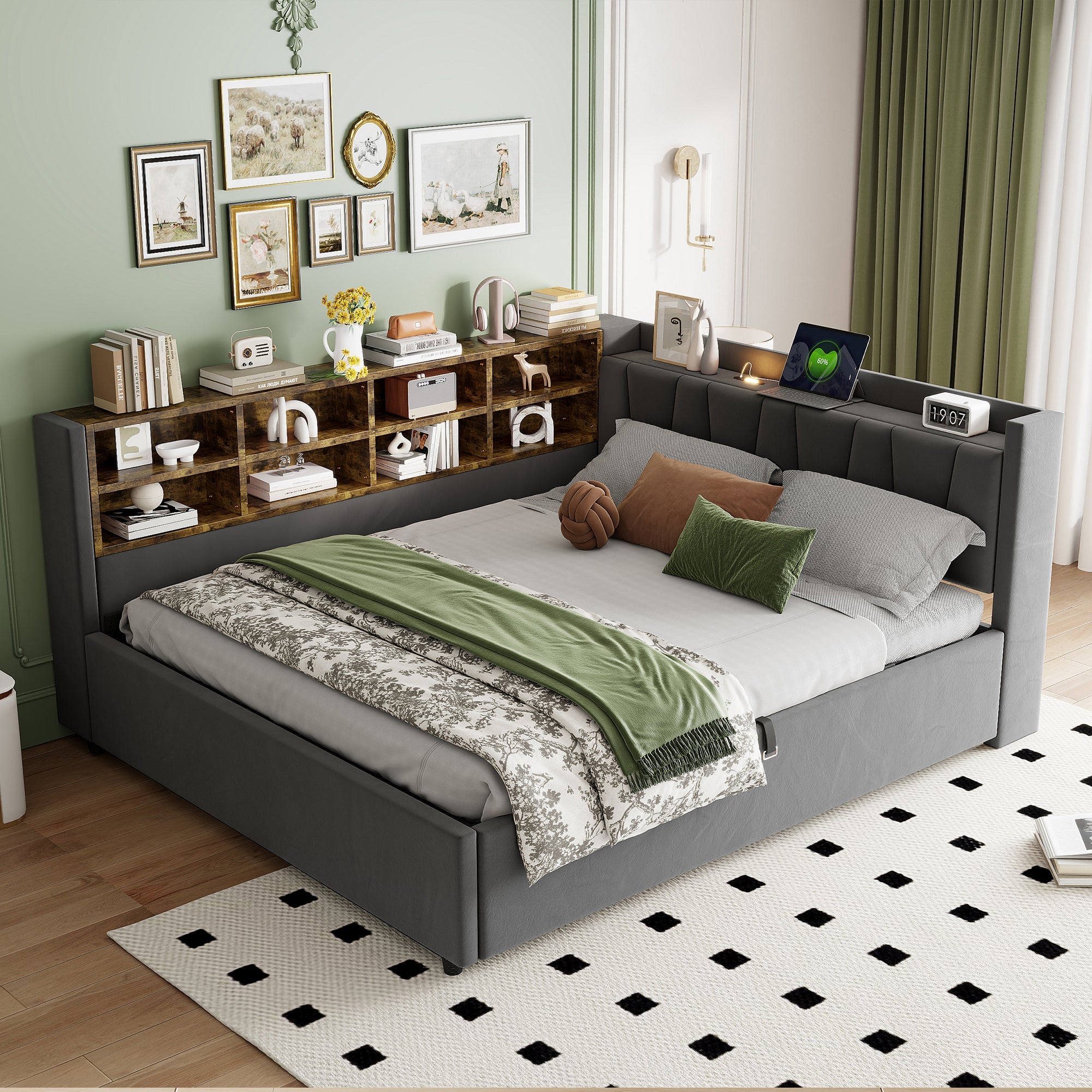 Upholstered Bed/Sofa Bed 140x200 Hydraulic Storage USB Night Light Velvet Dark Grey