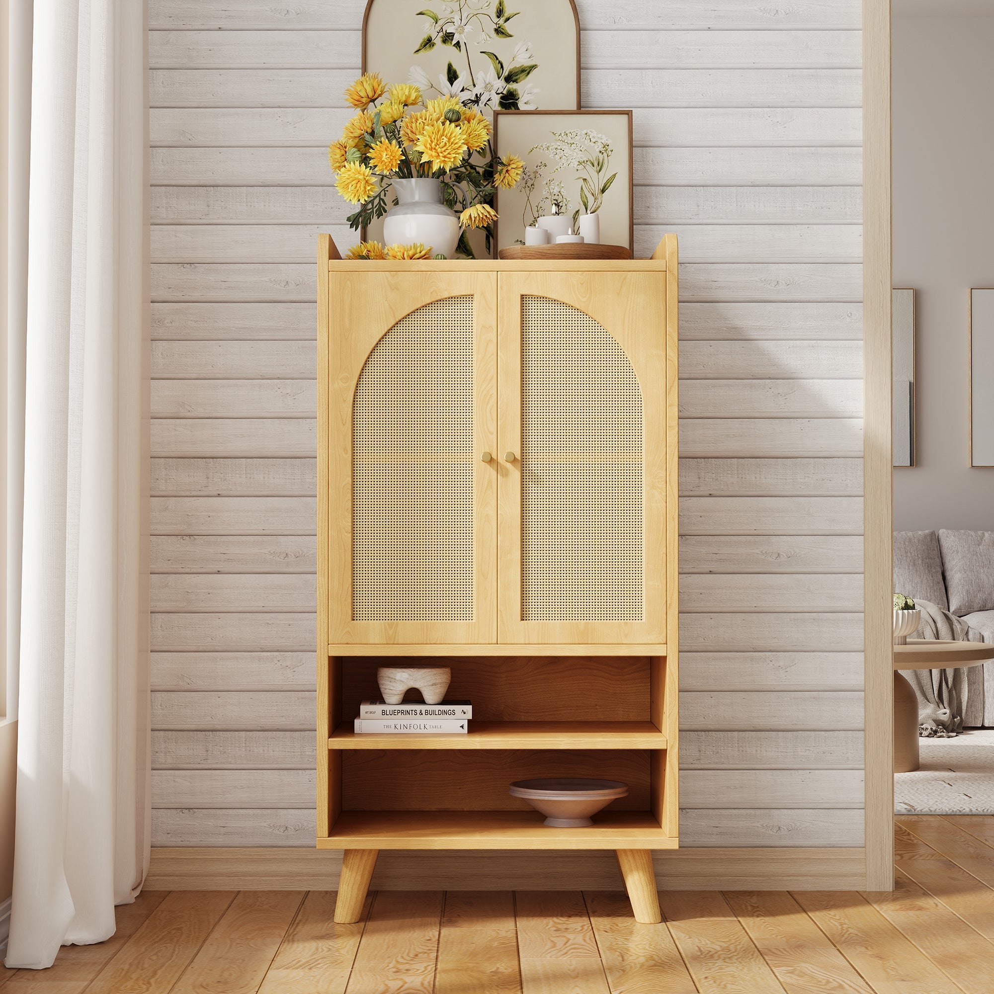 Rattan Sideboard Highboard with 2 Doors and Open Storage Rattan