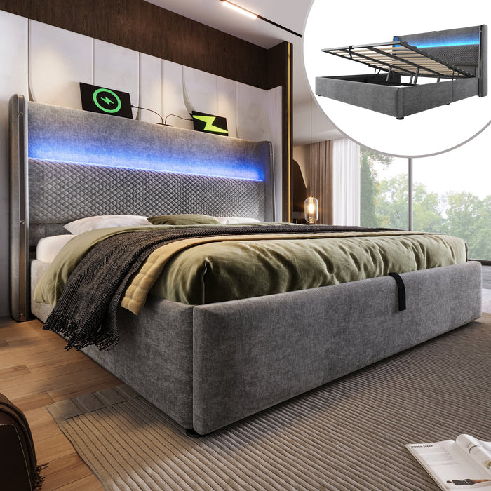 Hydraulic Double Bed, 140x200cm High Headboard LED Storage USB/Type-C, Linen Look Grey