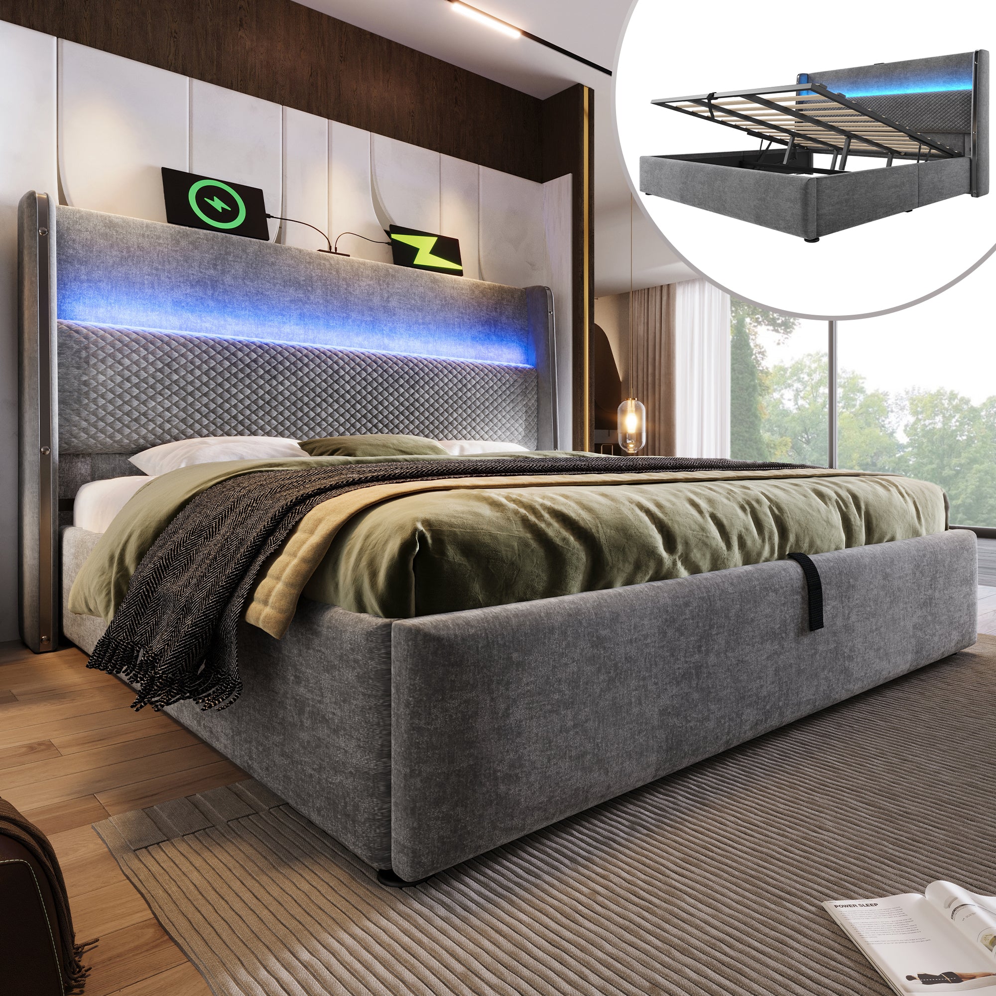 Modern Hydraulic Bed 160x200cm, High Headboard, LED, Storage, USB/Type-C - Linen Look Grey