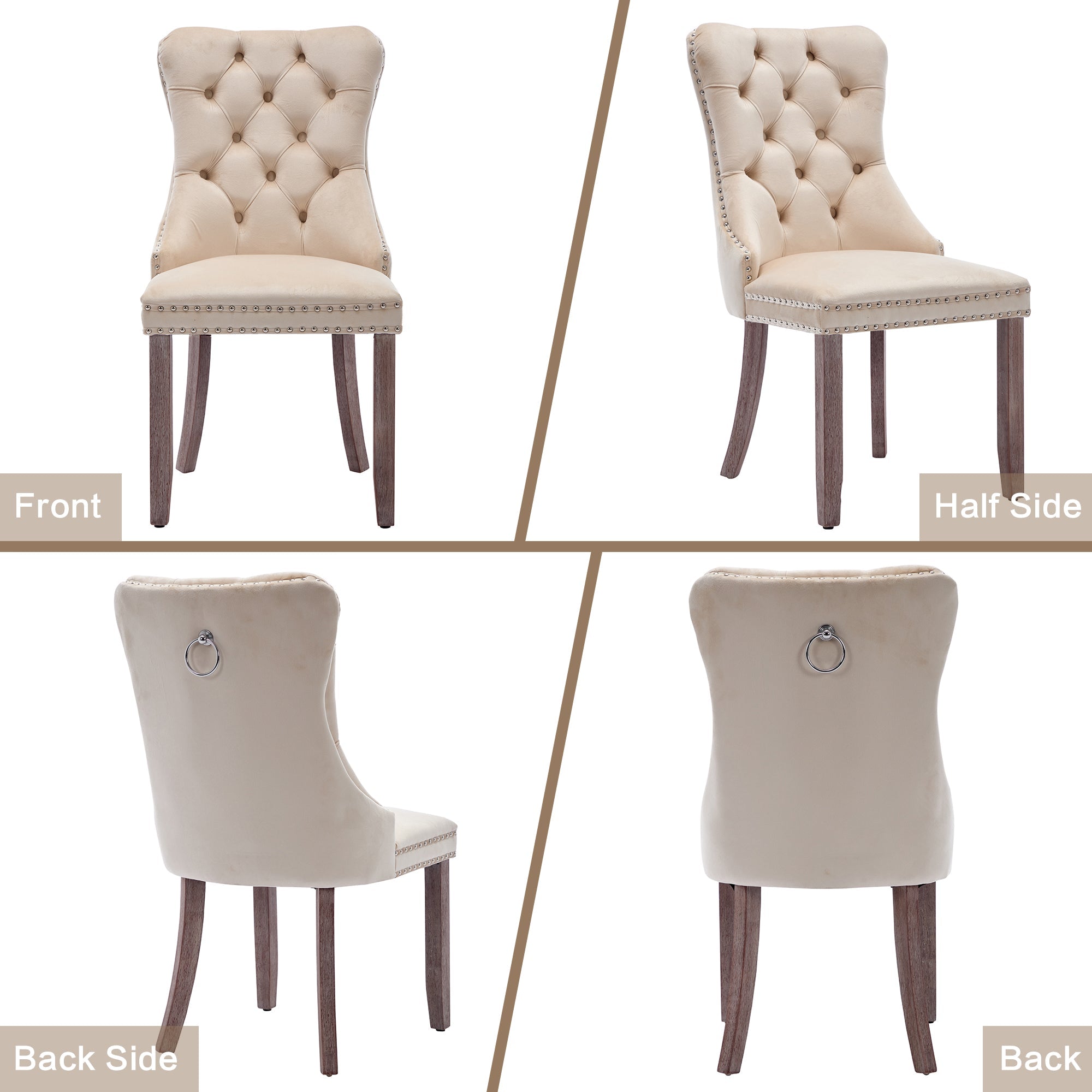 Modern Set of 2 Upholstered Velvet Dining Chairs, Button Tufted Kitchen Lounge Chairs with Brushed Wood Legs, Riveted Trim and Knocker Ring, for Dining Room Living Room, Beige (Old SKU: PP311356AAW)