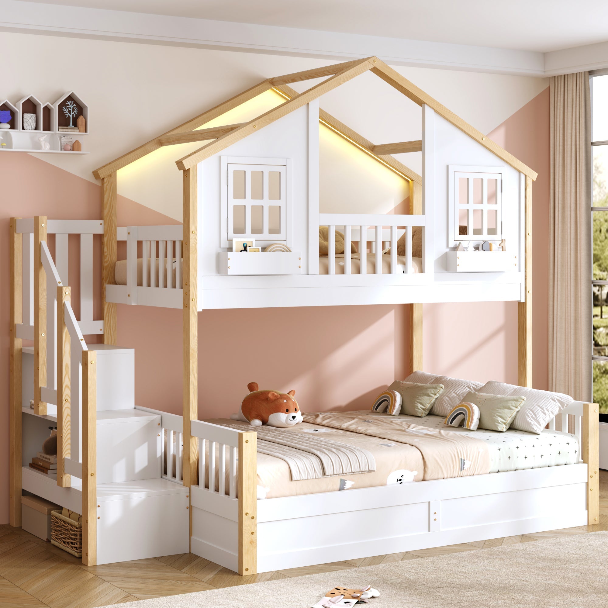 Bunk Bed with Hydraulic Storage, LED, and Stairs, 90x200/140x200cm, White and Natural Wood